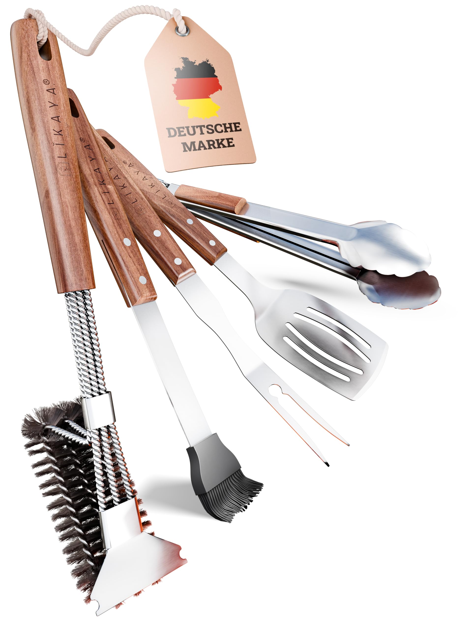 LIKAYA® Premium Grillbesteck-Set [5-TLG.] aus Edelstahl mit Akazienholz-Griff (Grillzange, Grillwender, Grillbürste, Grillgabel & Grillpinsel) – Perfektes Grillwerkzeug für Gasgrill & BBQ!