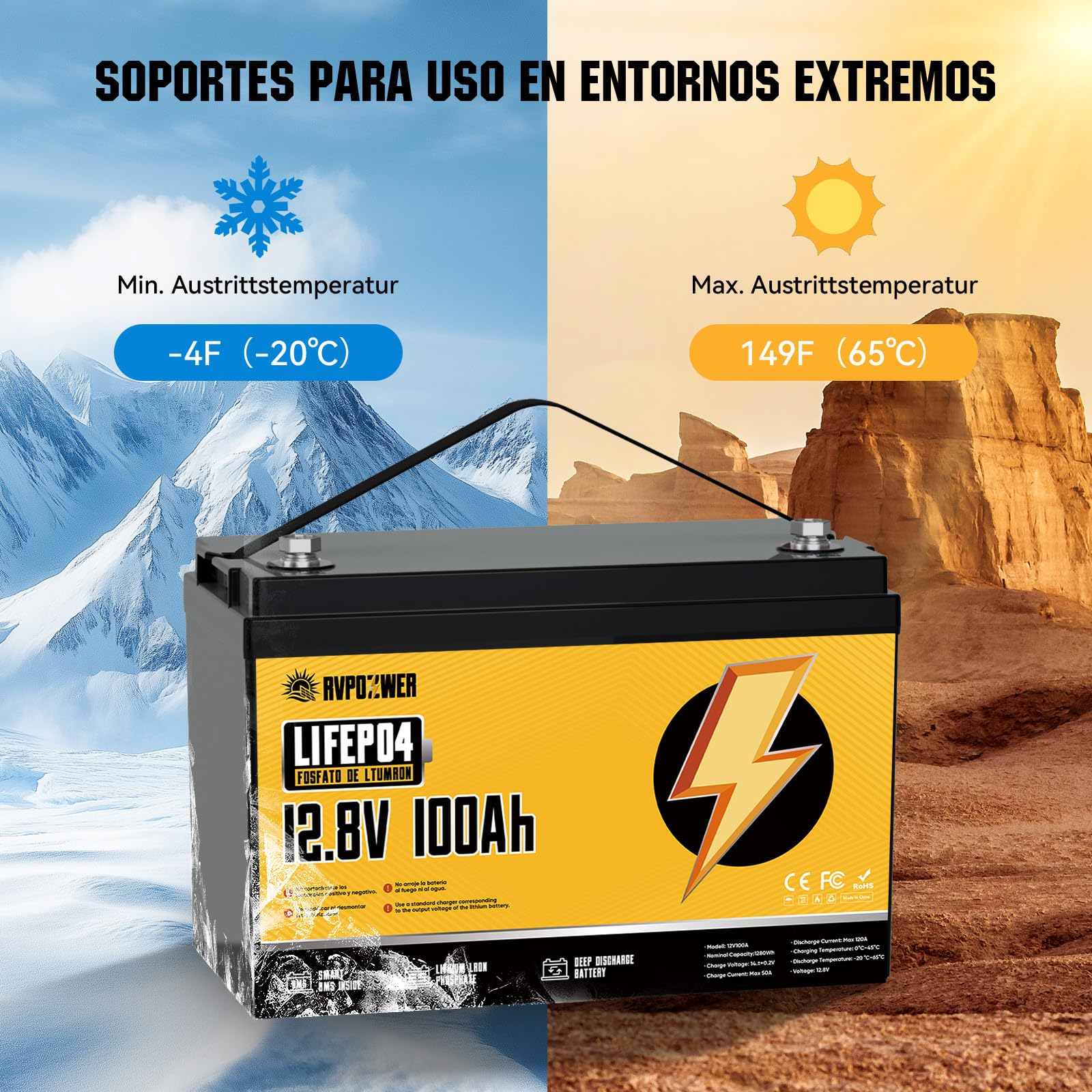 12V 100Ah Bateria Lifepo4, Batería de Litio con BMS de 100A y Protección Contra Bajas Temperaturas, 18000 Ciclos, Baterías de 1280Wh Para Autocaravanas, Caravanas, Barcos y Placas Solares