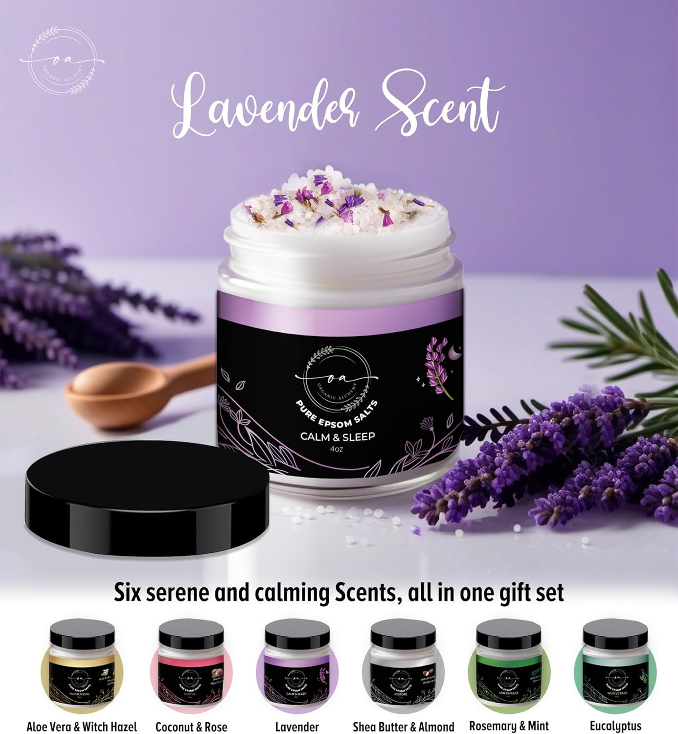 Epsom Bath Salts Gift Set, Relaxing Spa Salt & Essential Oils, Bubble Bath Soaks - Lavender, Eucalyptus, Coconut, Shea Butter, Rose Mary & Aloe Vera Self Care Gifts for Women (6 Pack) - Image 3