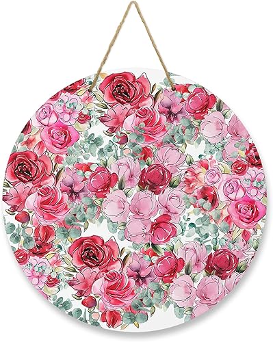 Seasonal Front Door Welcome Sign, Valentine's Day Red Pink Rose Flower Green Leaves Round Wood Wreaths Wall Hanging Sign for Outdoor Porch Wall
