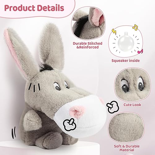 Miniatura 2 de JKW Juguetes de peluche para mascotas, juguetes de peluche chirriantes de burro para cachorros, lindos juguetes para perros pequeños, gris, 8