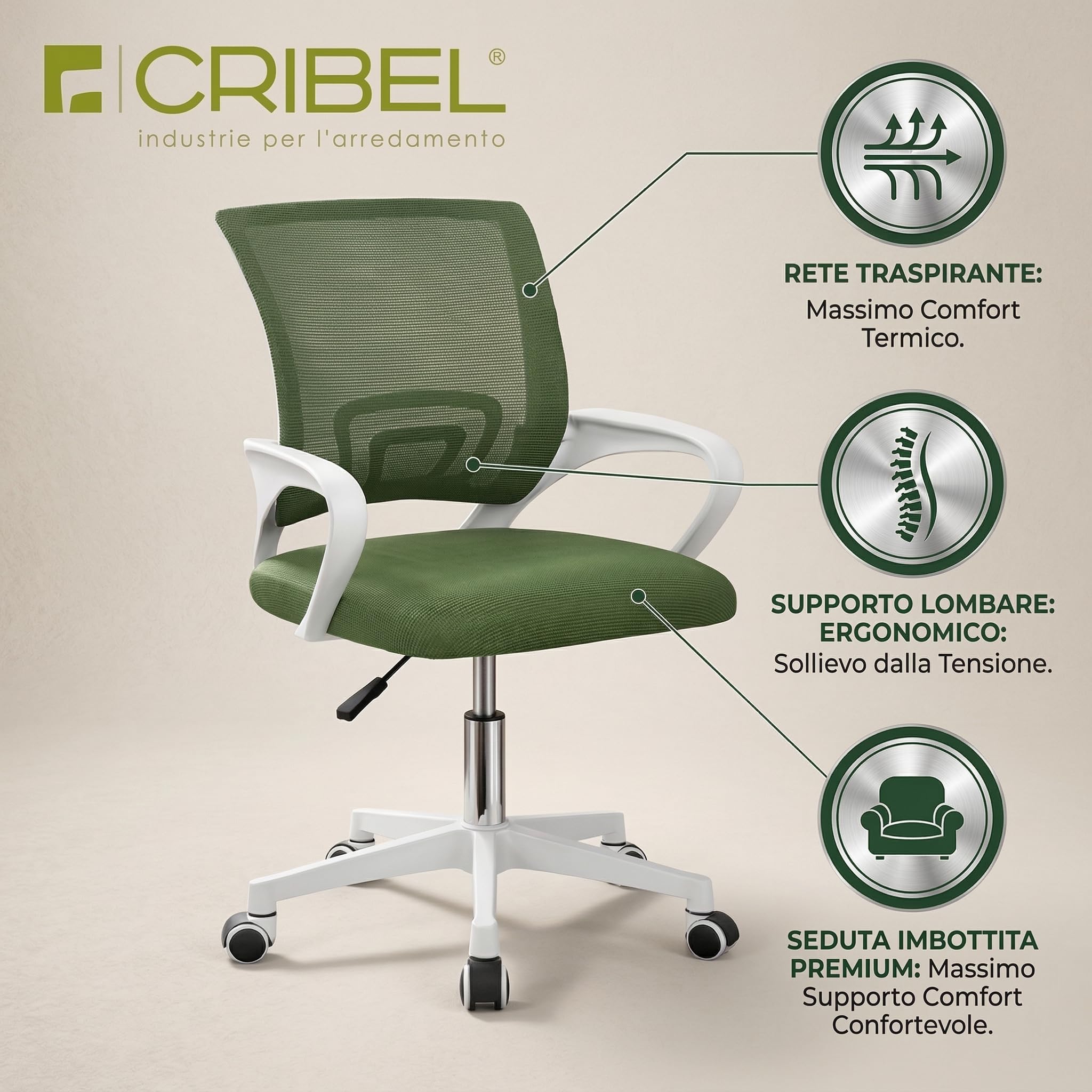 Cribel CINDY Sedia da Cameretta Verde Ergonomica con Schienale in Rete Traspirante, Seduta Imbottita, Braccioli Integrati e Ruote 57.5x61.2x89-98 cm