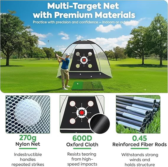 SAUS - Golf Net with Practice Mat,10x7FT for Backyard Driving Chipping Training Swing with Target Mat Balls for Outdoor Indoor, Gift for Men, Women, Golf Lovers