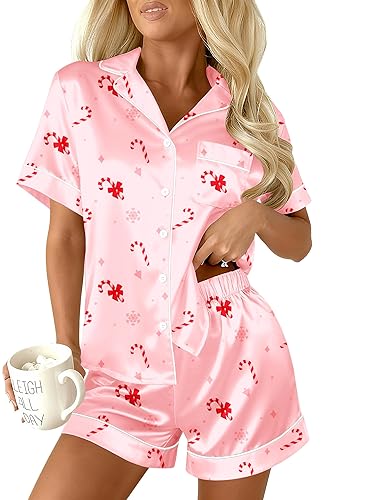 Ekouaer Womens Christmas Pajamas Silk Satin Sleepwear Holiday Matching Pjs Funny Short Sleeve Button Down Nightwear Set S-XXL - Medium - Christmas Pink Candy