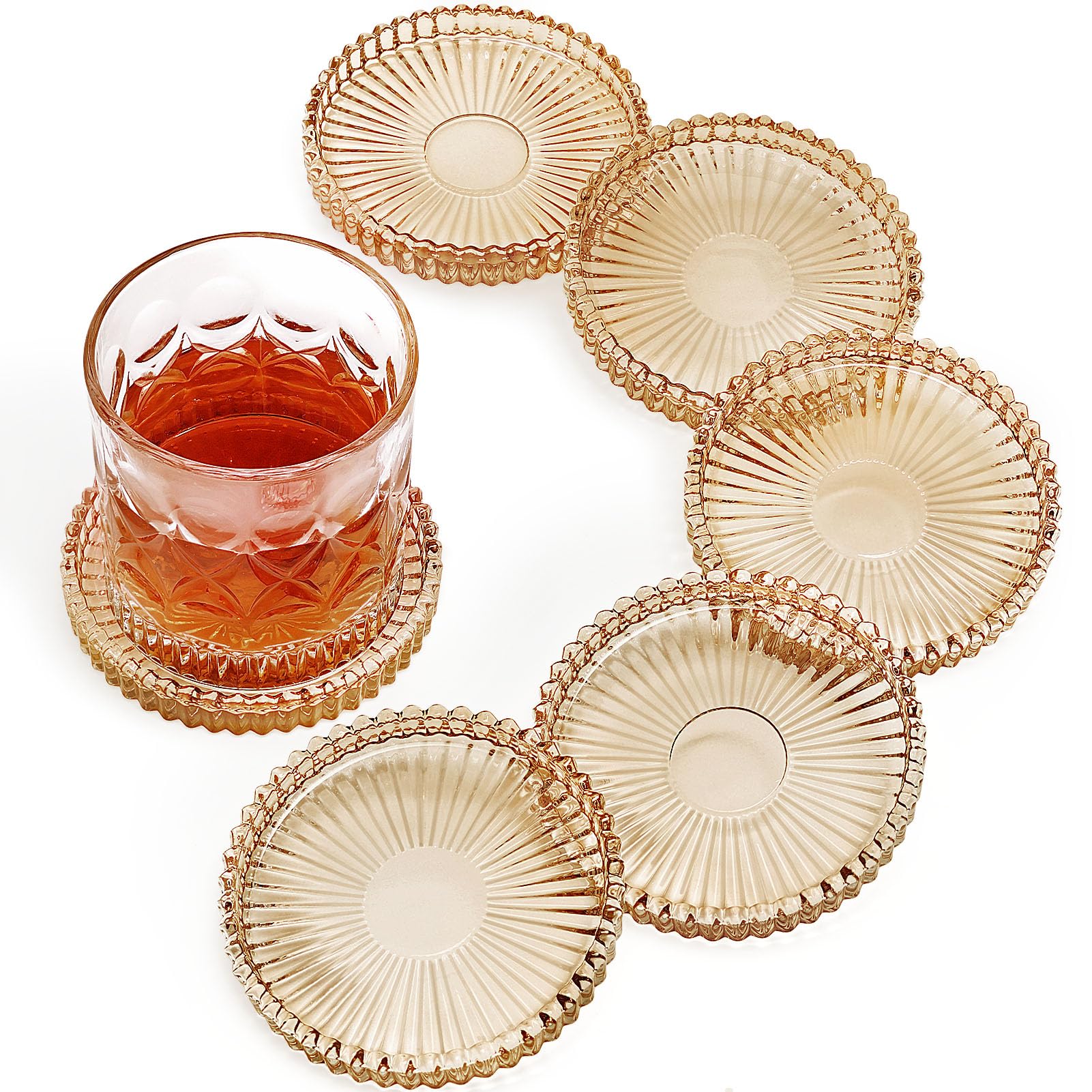 Modern Glass Coasters, GOH DODD Set of 6 Crystal Coasters Tabletop Protection for Drinks, Home Decor, Kitchen, Living Room, Patio, Wedding, Party, Housewarming Gifts, Amber