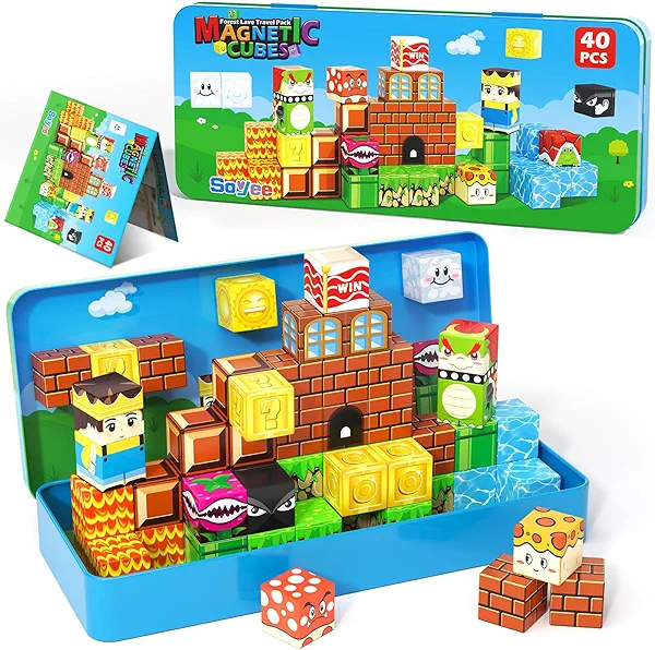 Magnetic Blocks Travel Toys with Portable Metal Tin - STEM Magnet Building Blocks Toddler Kids Toys for 3 4 5 6 7 8 Year Old Boys & Girls Xmas Birthday Gifts Classroom Must Haves Decor