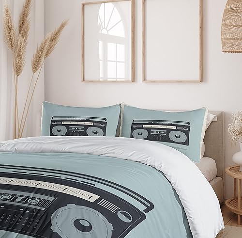 Miniatura 6 de Ambesonne Hip Hop Duvet Cover Set, Classic 1980s Boombox Image on Doodle Retro Background Nostalgic Urban Ghetto Theme, Decorative 3 Piece Bedding