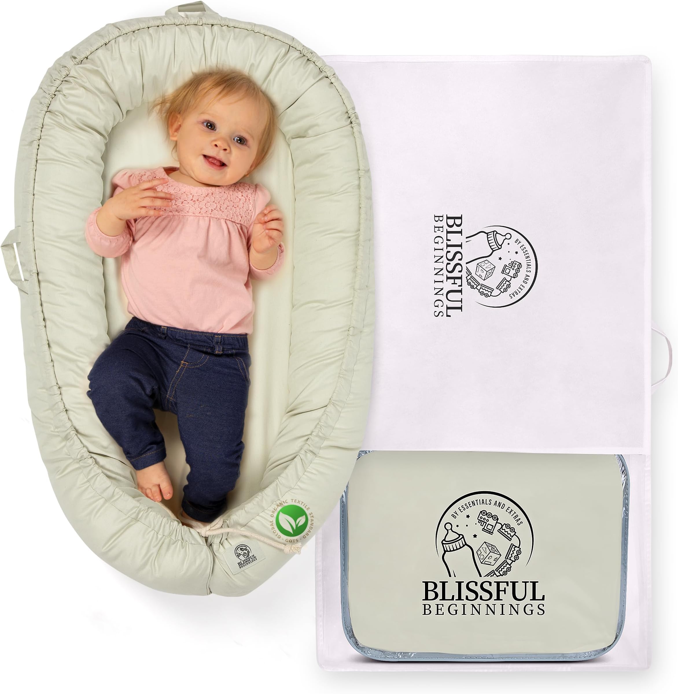 Blissful Beginnings Organic Baby Lounger with Travel Bag- Adjustable Lounger for 12-24 Months Babies - Breathable & Portable Infant Lounger Pillow, Newborn Essentials Baby Nest Lounger