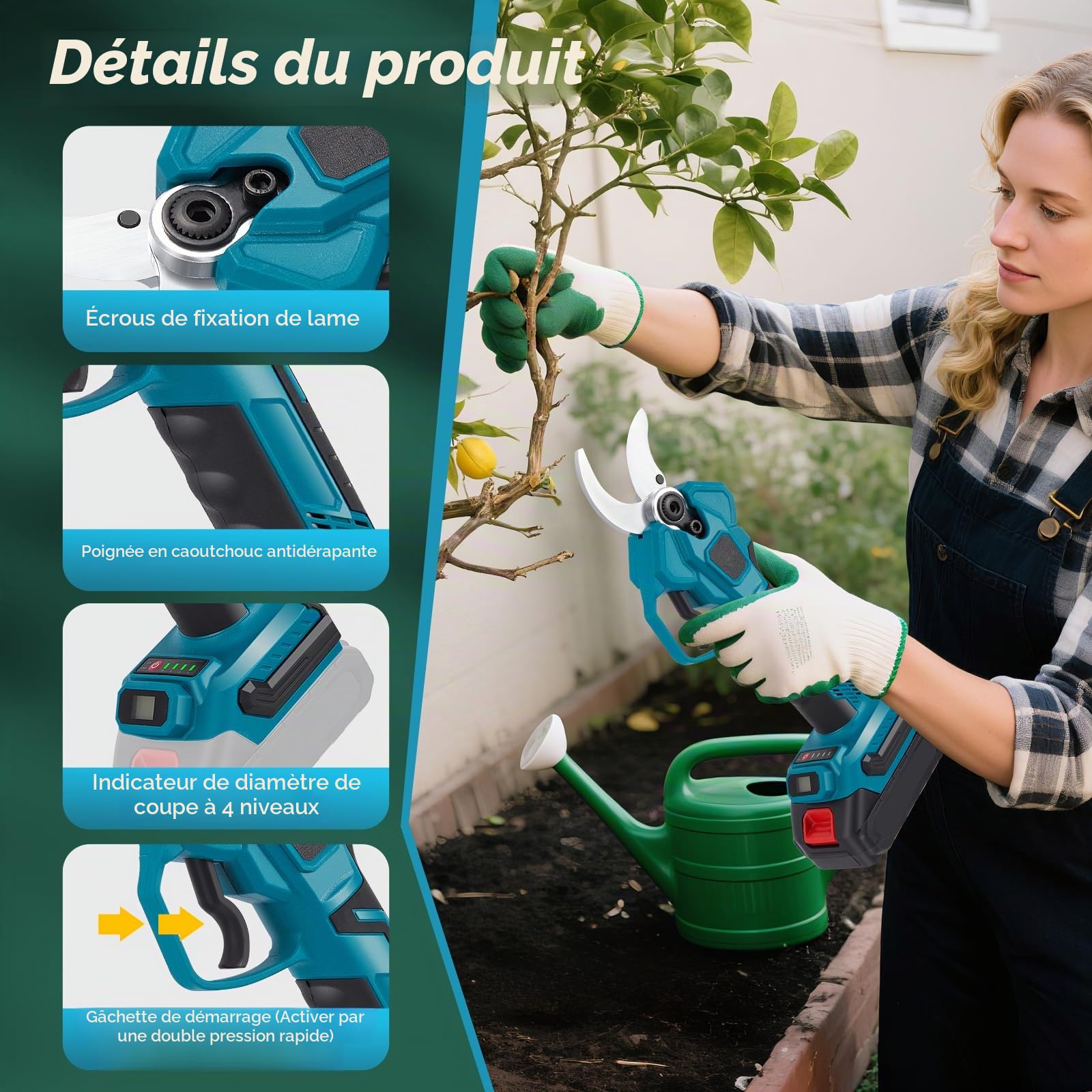 Sécateur professionnel sans fil - 40 mm - 800 W - Moteur sans balais - Avec compteur de coupe LED - Compatible avec batteries Makita 18 V (sans batterie)