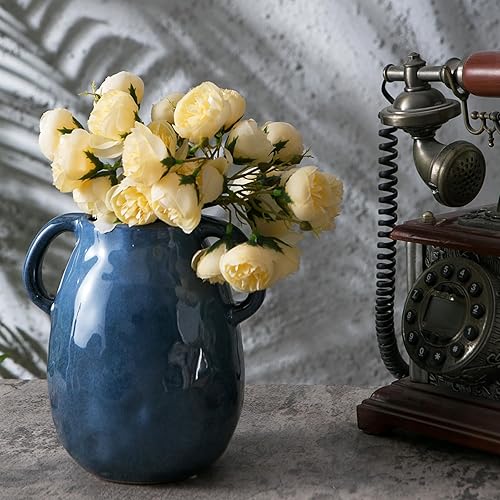 Miniatura 2 de Kimdio Jarrón de cerámica azul con 2 asas, moderno jarrón de granja para decoración del hogar, jarrón de cerámica rústica, florero decorativo de