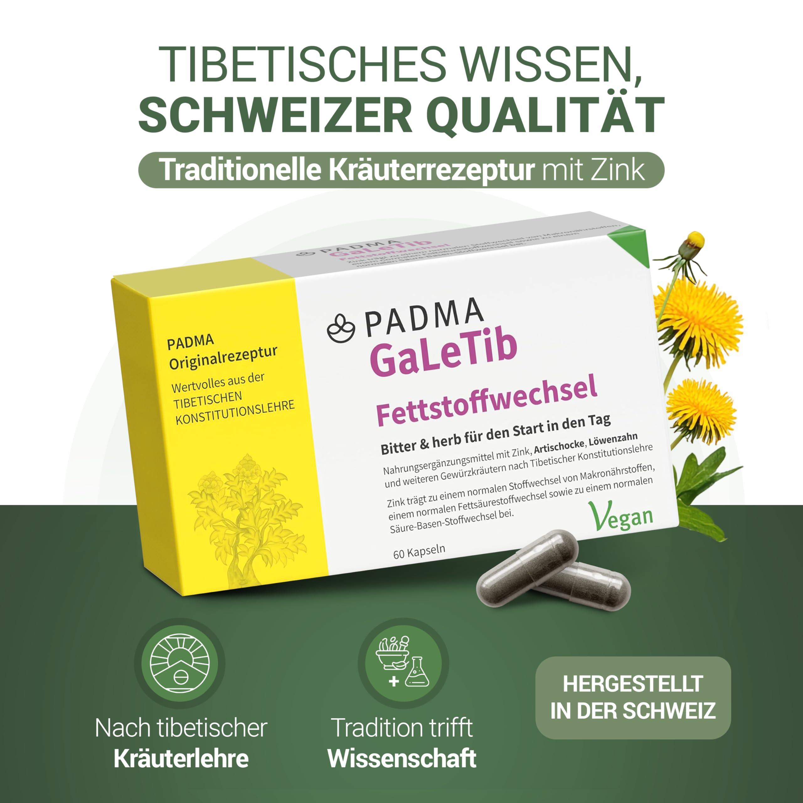 60 Kapseln - Stoffwechsel-Komplex mit Zink, Artischocke & Löwenzahn - Für Fettstoffwechsel & Säure-Basen-Haushalt - Bitterstoffe, vegan, tibetische Rezeptur