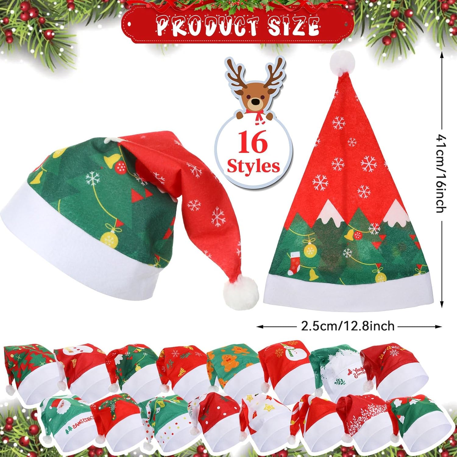 Suhine 16 Pcs Christmas Hat Bulk Santa Father Hats Xmas Non Woven for Christmas Adult for Christmas Holiday Favors and Party Supplies