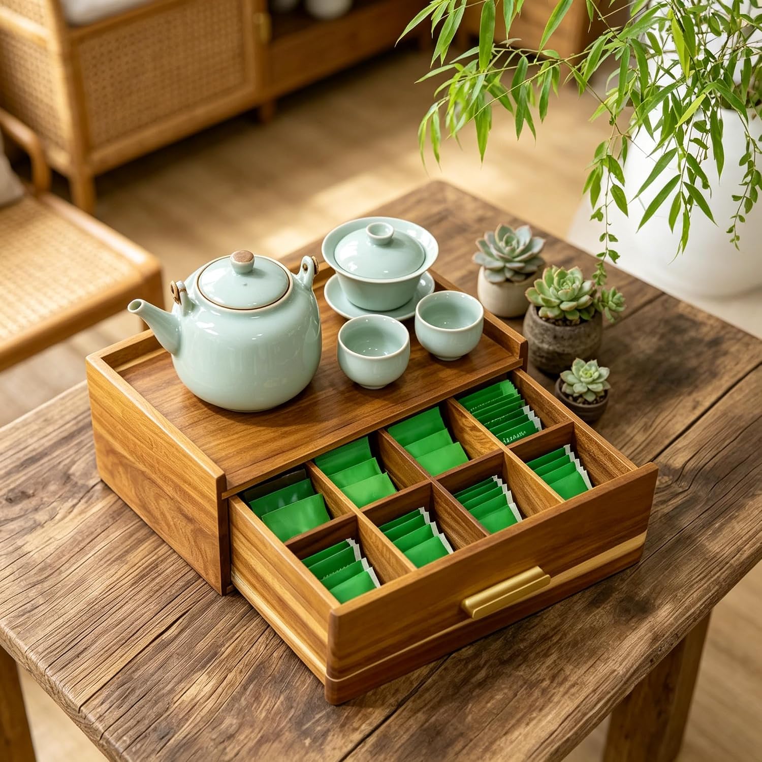 Acacia Wood Tea Bag Storage Box, Multi-Compartment Wooden Tea Caddy, Countertop Tea Station Organizer Holder for Tea Bags, Coffee Packets and Small Condiments