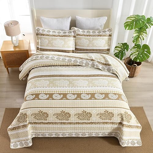 Miniatura 3 de Juego de ropa de cama, edredón de tamaño King, juego de edredón de algodón, juego de cama con patrón de rayas marrón topo, colchas ligeras