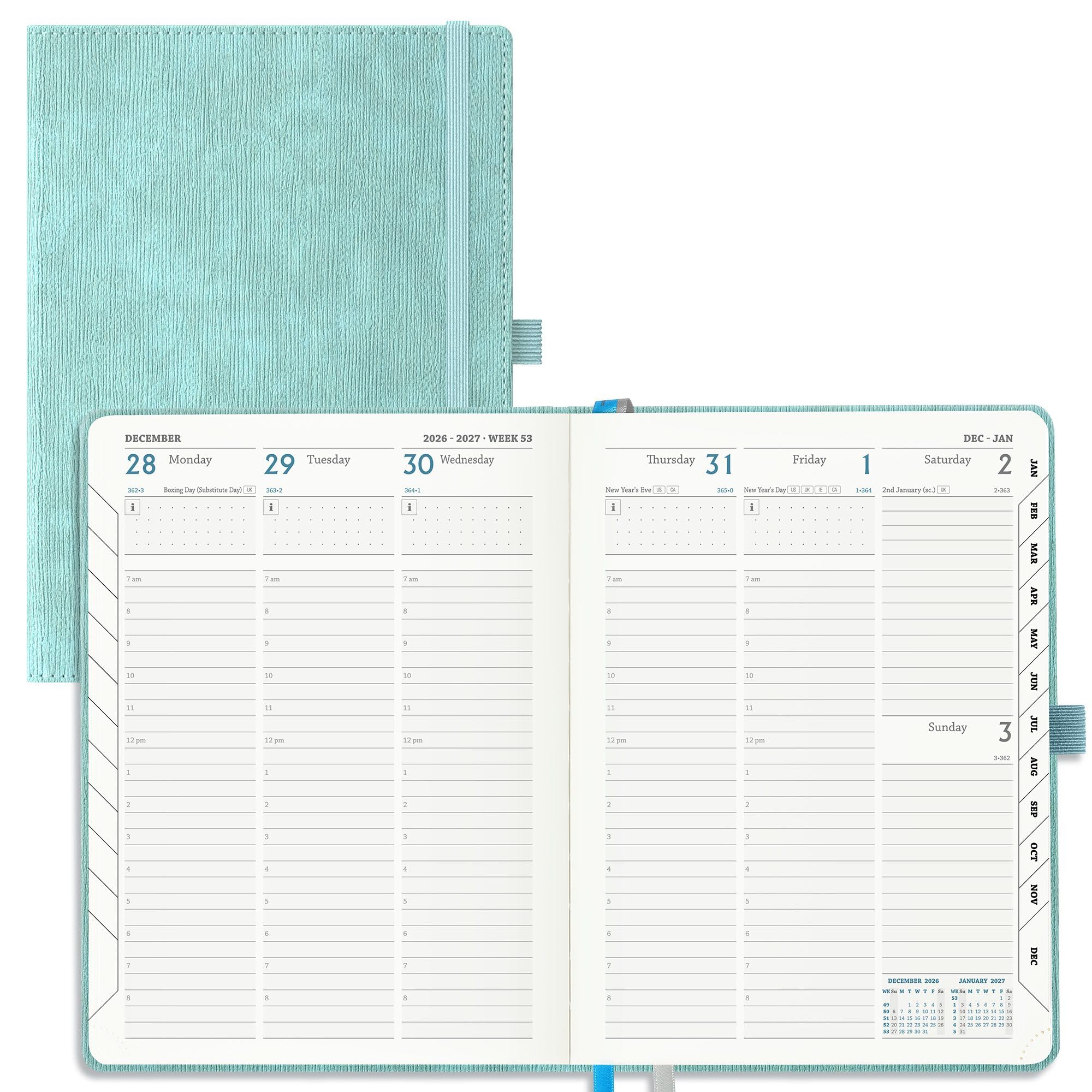 IN-LUXPRO Academic Diary 2026-2027 Week to View A5 Medium (21.9x16.2 cm) 18 Months (Jul'26 - Dec'27) Mid Year Diary 26/27 Vertical Weekly Planner with Timeslots& Month Tabs, PU Leather Sky Blue