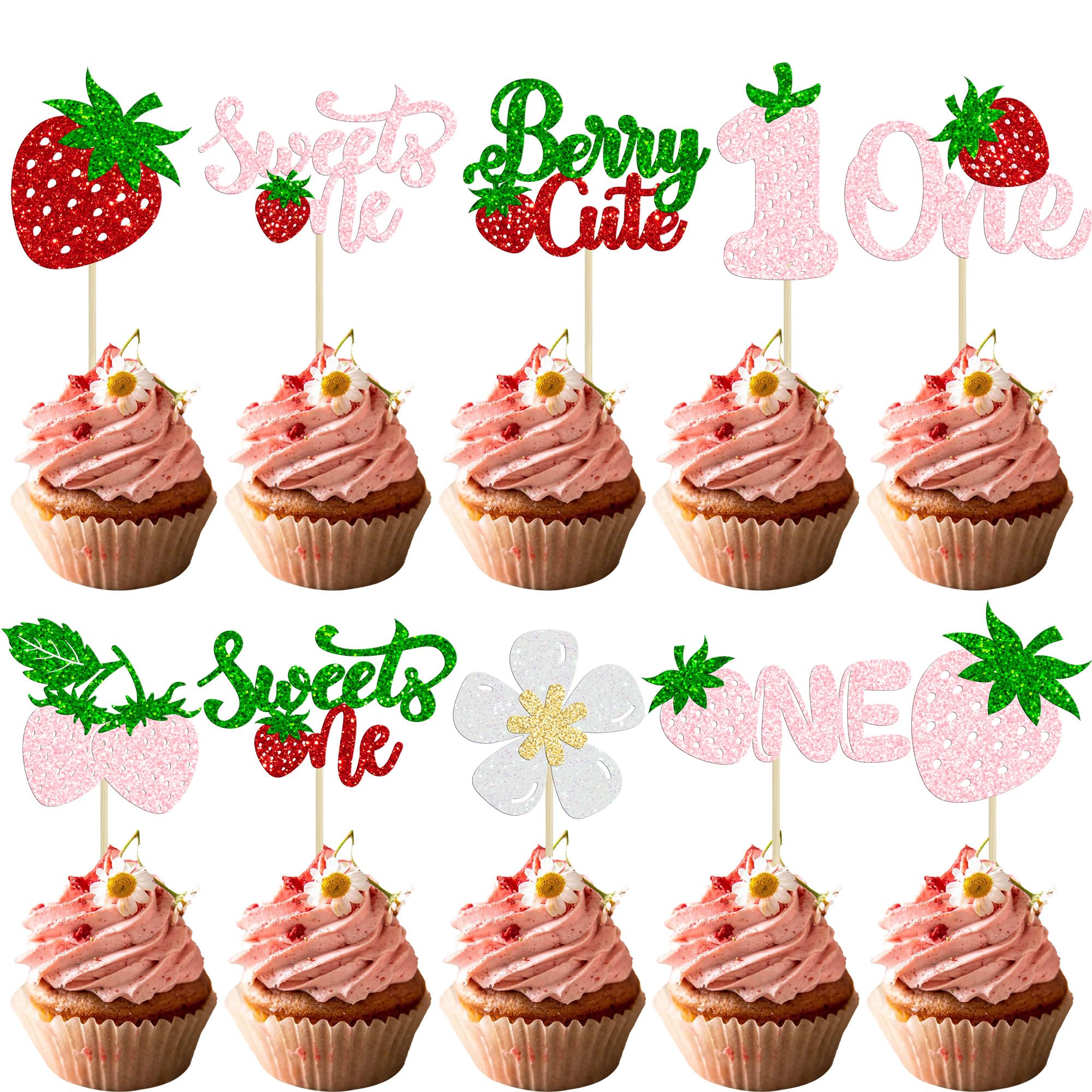 Gyufise 30Pcs Sweet One Strawberry Cupcake Toppers Glitter Sweet Berry 1st Birthday Cupcake Picks Strawberry Cake Decorations for Baby Shower Kids First Birthday Party Supplies Pink Red