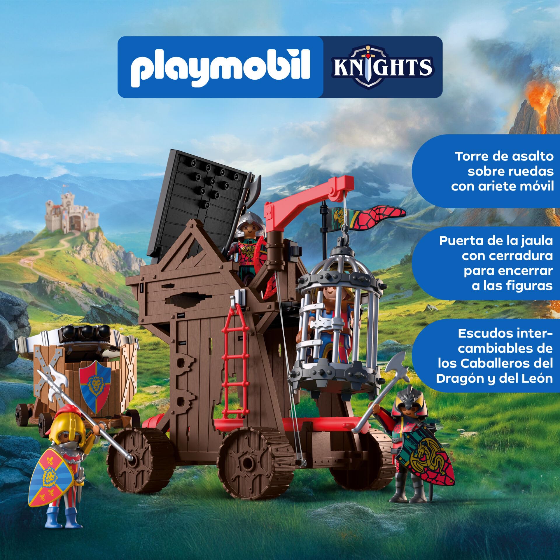 PLAYMOBIL | Knights | Torre de Asalto de los Caballeros del Dragón | Torre de asedio con ariete, balista, Jaula y 4 Caballeros | para niños a Partir de 4 años | 72210