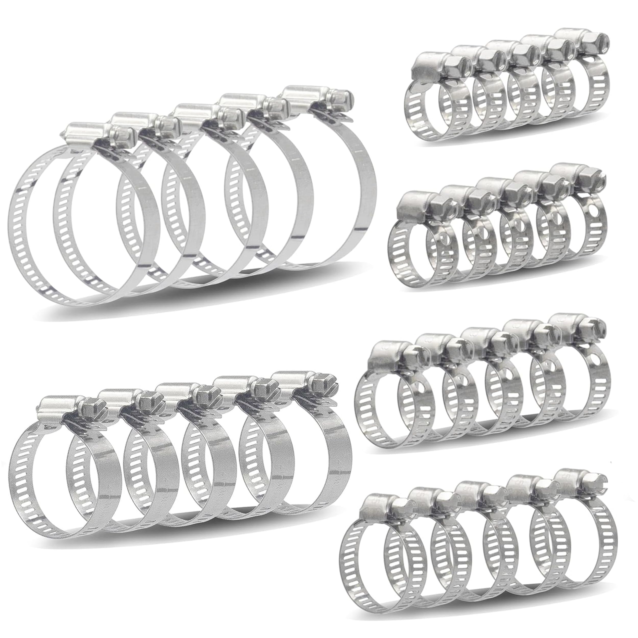 BESTYCHAO 30-teiliges Schneckengetriebe-Schlauchschellen-Sortiment aus Edelstahl mit einstellbarem Bereich 6-51mm(Silber)