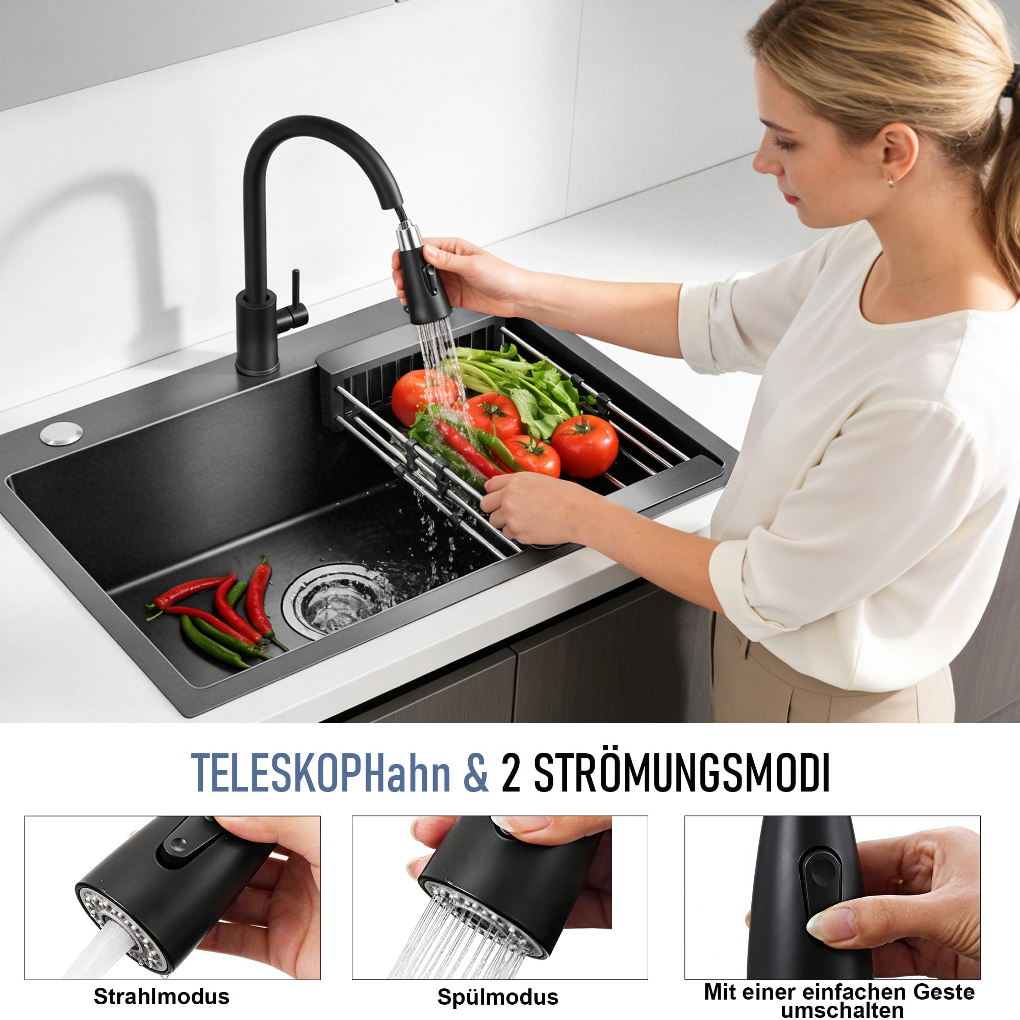 Évier Cuisine Noir en Acier Inoxydable 68x45cm –1 Bac avec Robinet | Avec Égouttoir et Distributeur de Savon – Finition PVD Résistante aux Rayures – Kit Complet avec Siphon et Trop-plein