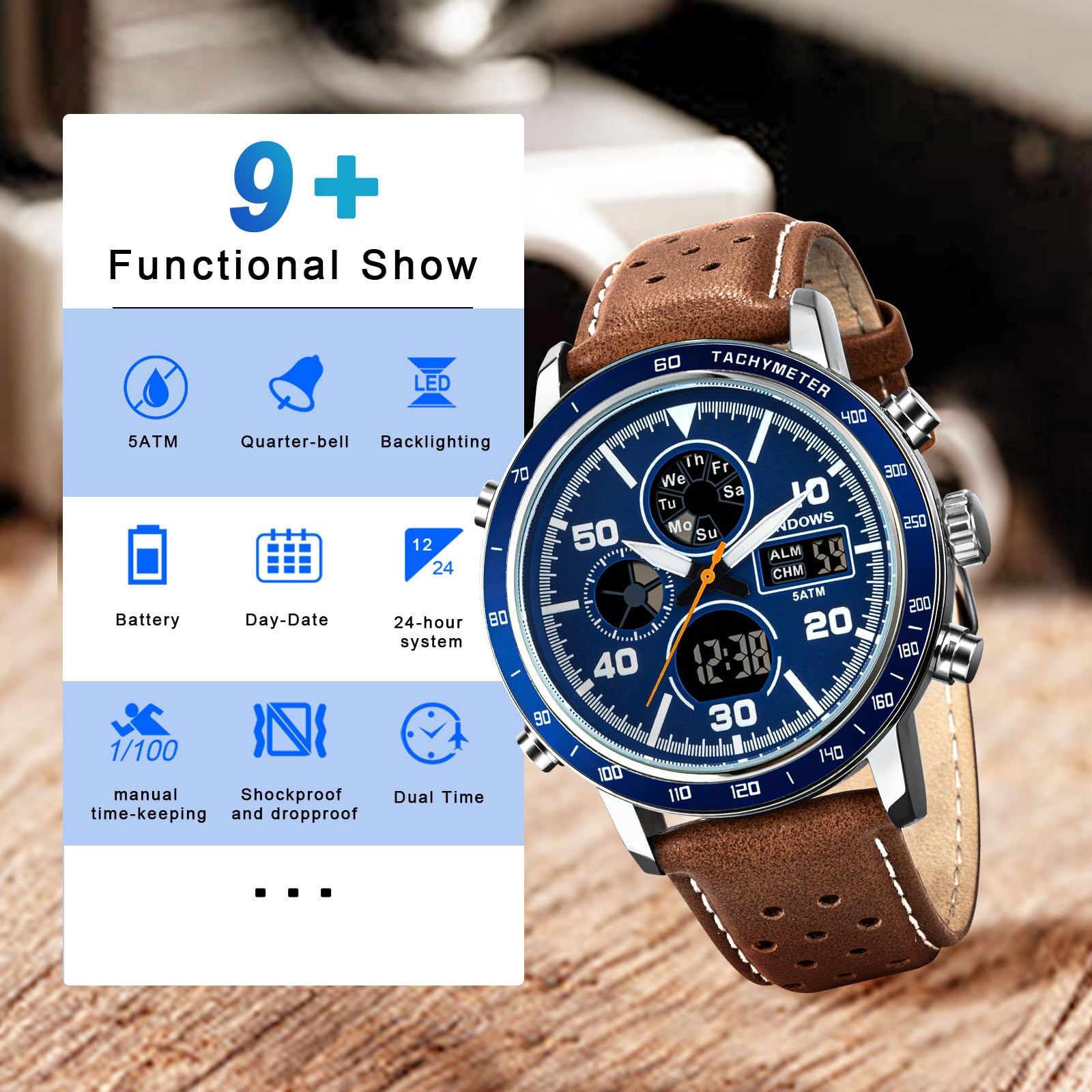PINDOWS Montre numérique analogique pour homme, étanche à 50 m, bracelet en cuir