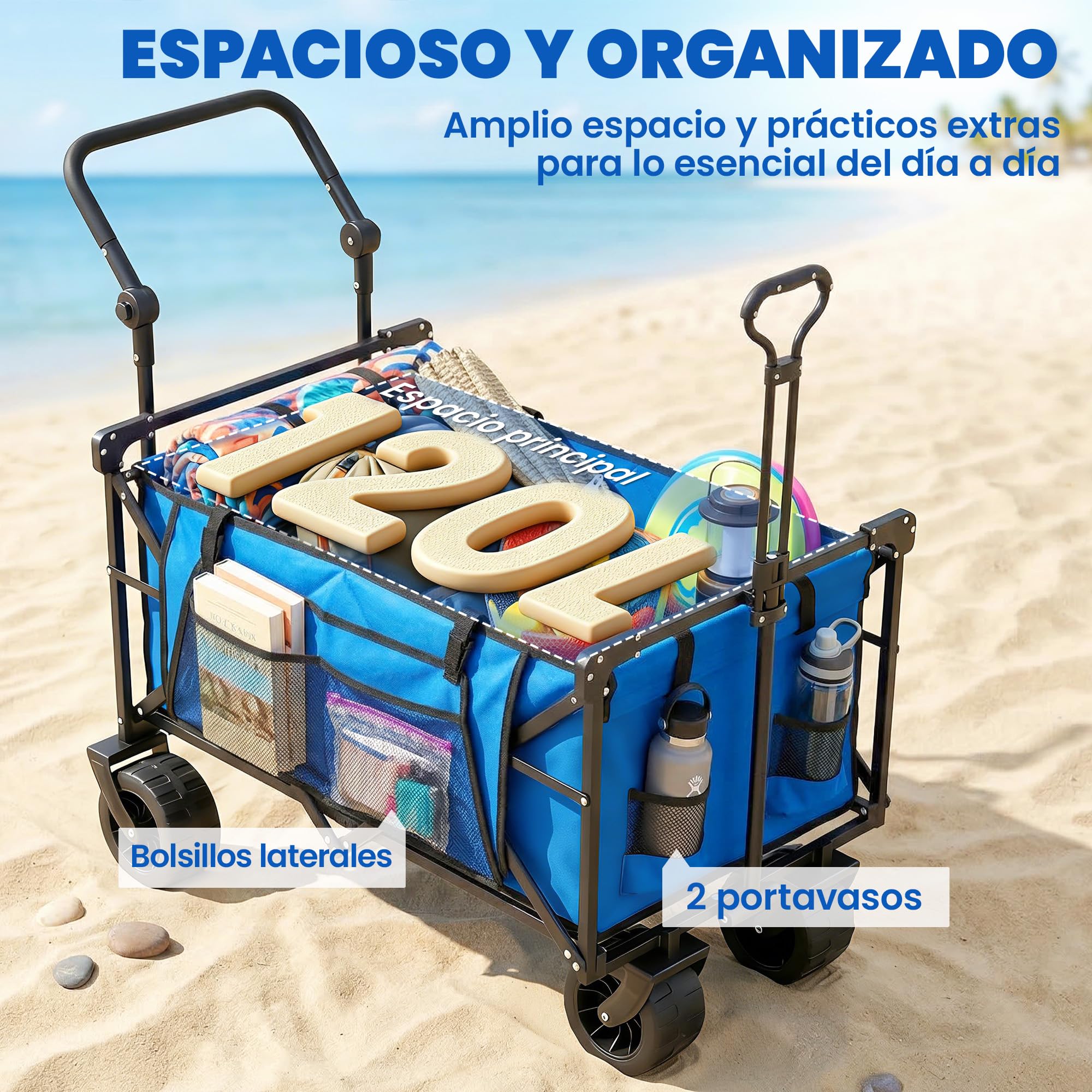 Outsunny Carro Playa con Ruedas Grandes con Freno, Techo Extraíble, Carro Plegable para Jardín con Barra Ajustable, Portavasos y Bolsillos, Carga 100 kg, para Todo Terreno, Campaña, Compras, Azul