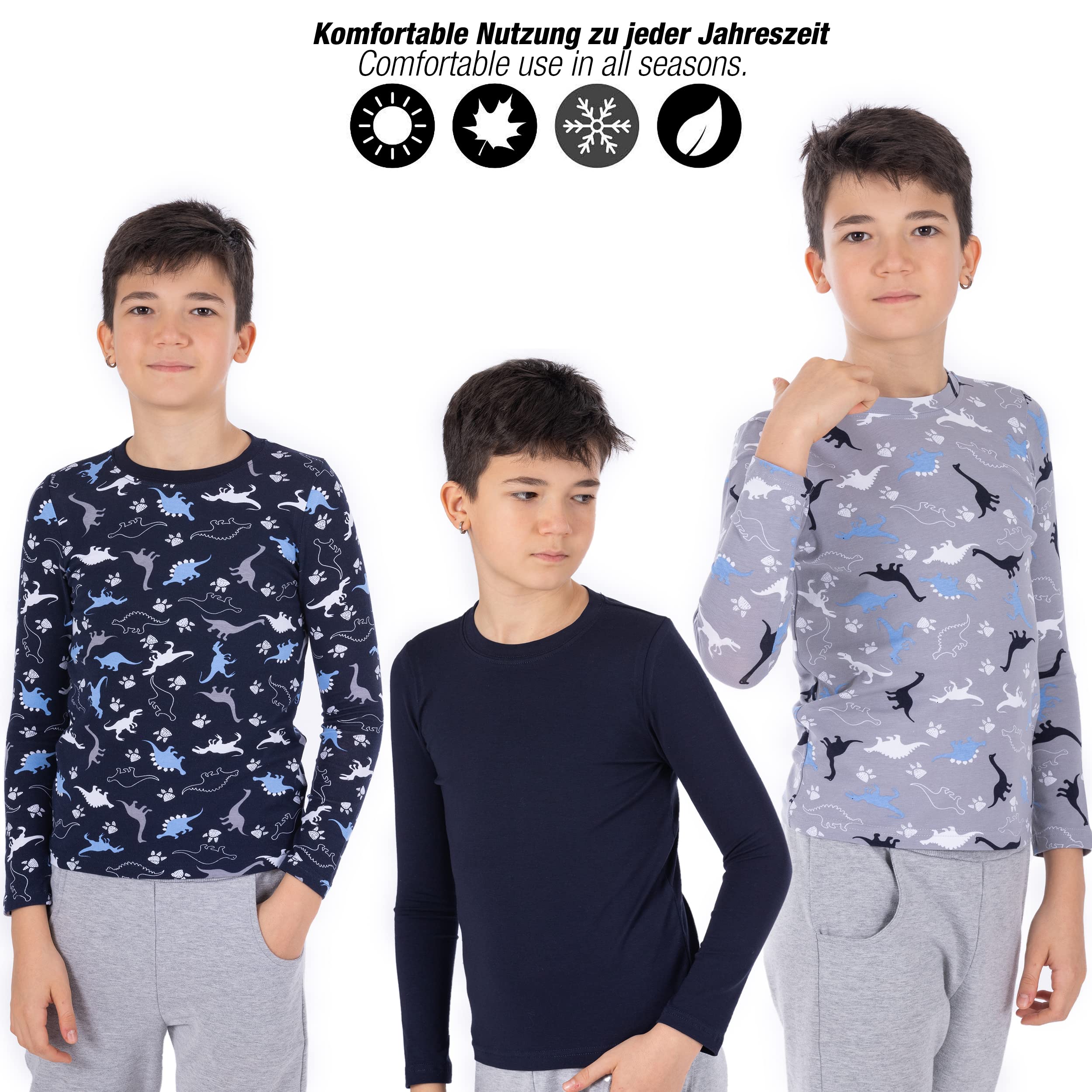 LOREZA ® 3 sous-vêtements Manches Longues Dinosaures Enfants Garçons sous-Vetements Maillots de Corps Chemise