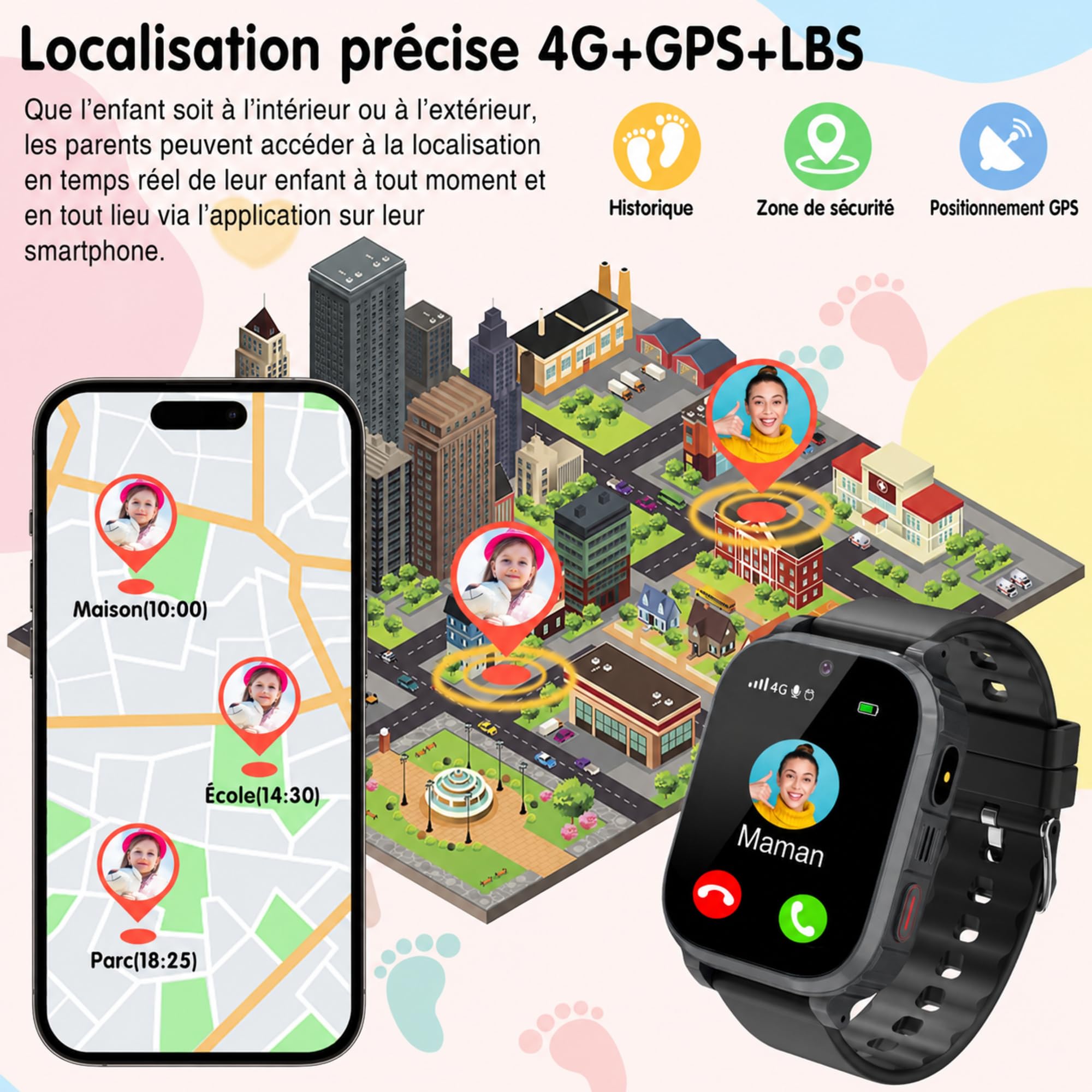 Montre Connectée Enfant 4G avec GPS et Appel Vidéo, Montre Téléphone Enfant avec SOS, Localisation en Temps Réel, Mode Classe, Appareil Photo, Jeux, Réveil, Étanche IP68, Cadeau Fille Garçon 4-15 Ans