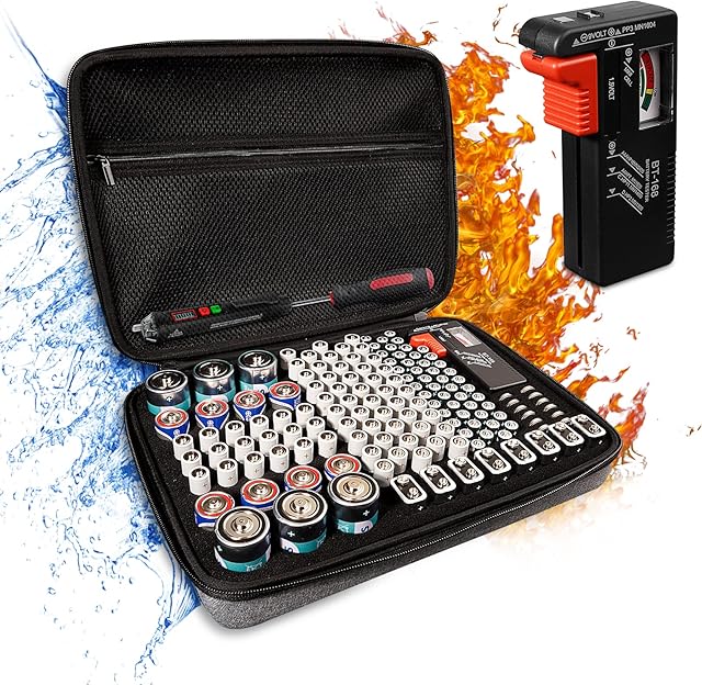 MAOGENXI Battery Storage Case, Waterproof and Fireproof Battery Storage Box, Can Store 148 Batteries (AA AAA C D 9V) - with Battery Tester BT-168, Easy to Store (Batteries Not Included) Gray