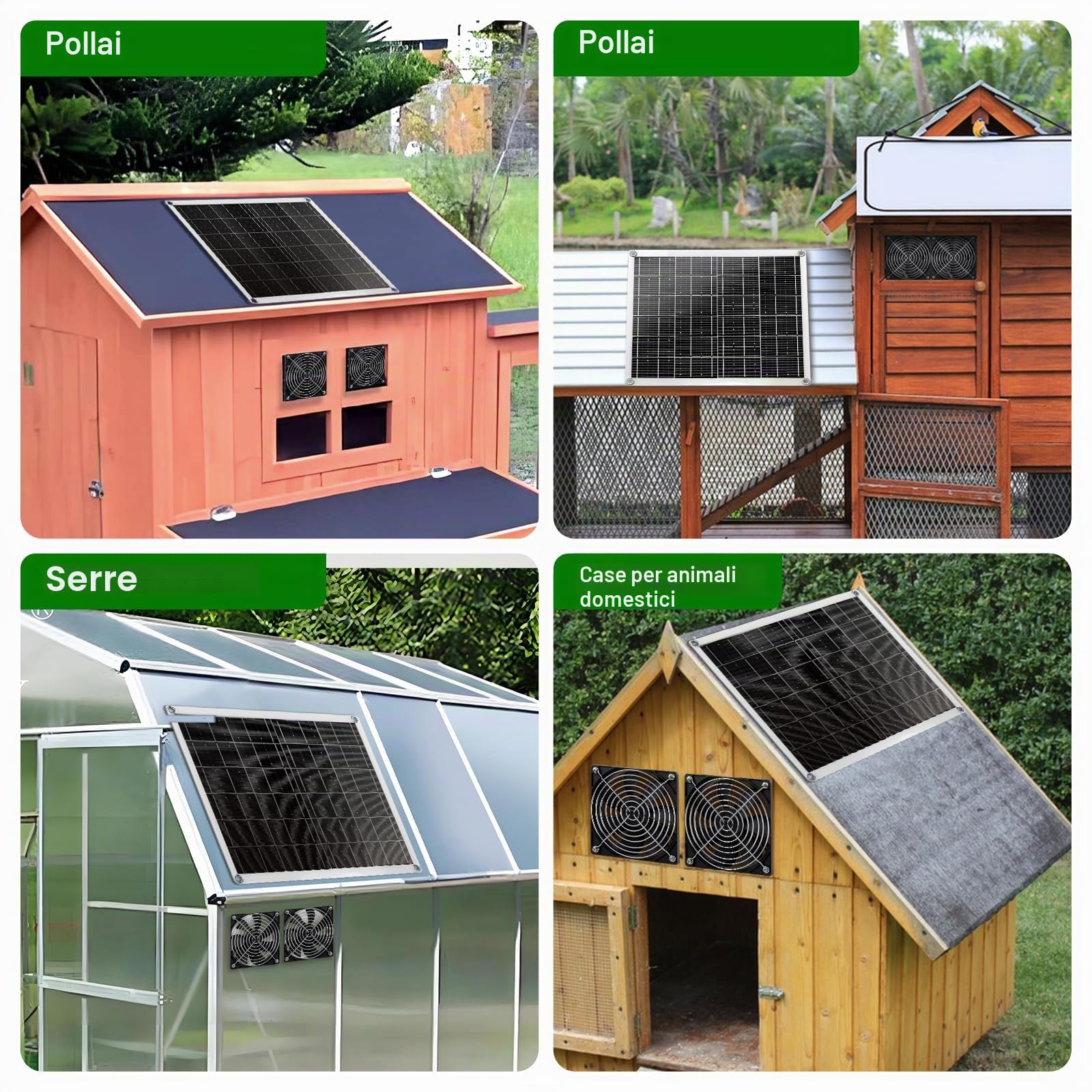 Ventilatore a energia solare, 15 W, con due ventole impermeabili IP67, per piccoli pollai, serre, capannoni, case per animali domestici, aria di aspirazione o di scarico