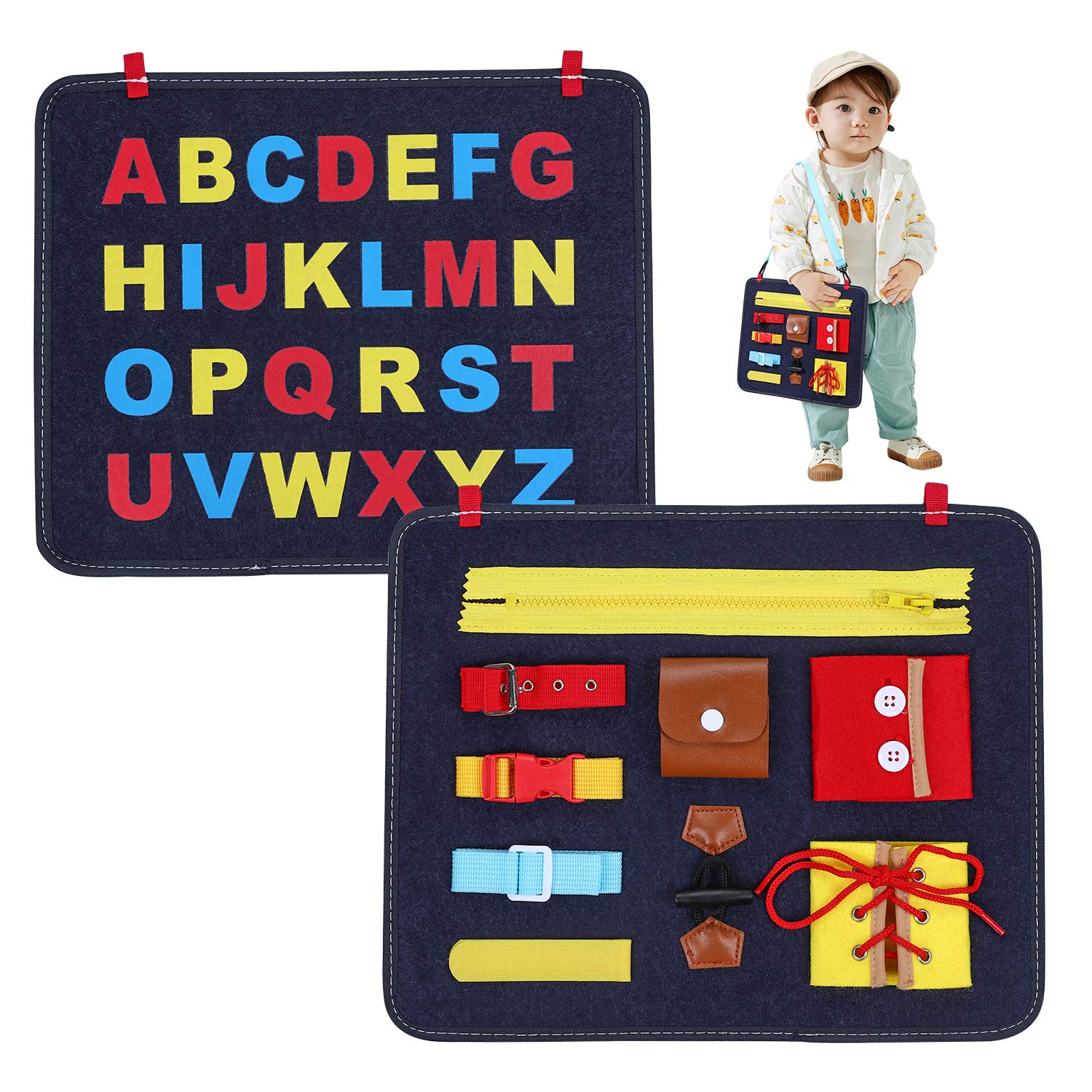 Busy Board for Toddlers Montessori Basic Motor Skills Activity Board Learning Dress ABC Early Educational and Sensory Toys for 1 2 3 4 Year Old Toddlers with Zippers, Buttons, Buckles, Braids