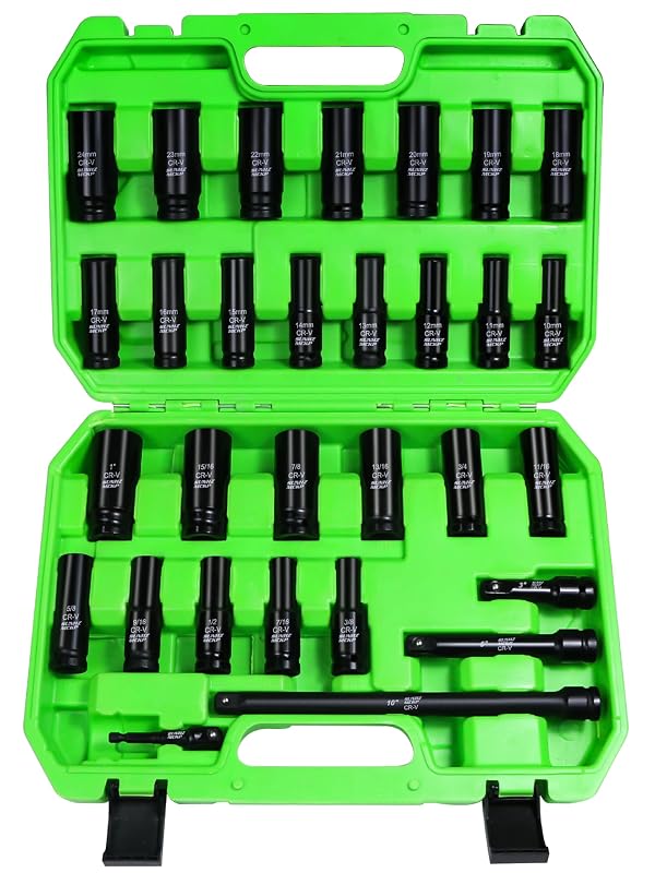 Jogo de Soquetes de Impacto SUNHZ MCKP com acionamento de 12,7 mm (1/2 pol.), SAE de 9,5 a 25,4 mm e métrico de 10 a 24 mm, aço cromo-vanádio, 30 peças