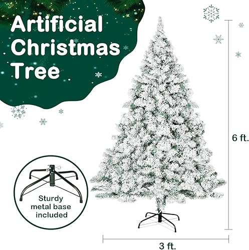 Miniatura 6 de Outroad Árbol de Navidad flocado de nieve de 6 pies, pino artificial con bisagras de alta calidad, soporte de metal para árbol de Navidad y 800