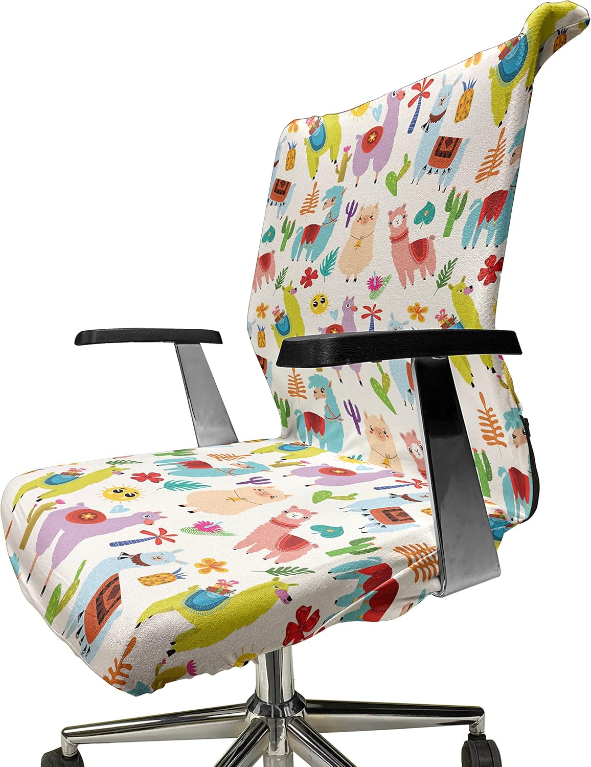 Ambesonne Animal Office Chair Cover, Playroom Pattern with Llama Alpaca Cactus and Leaves Design, Stretchable Decorative Universal Size High Back Printed Slipcover, Peach Patel Pink Turquoise