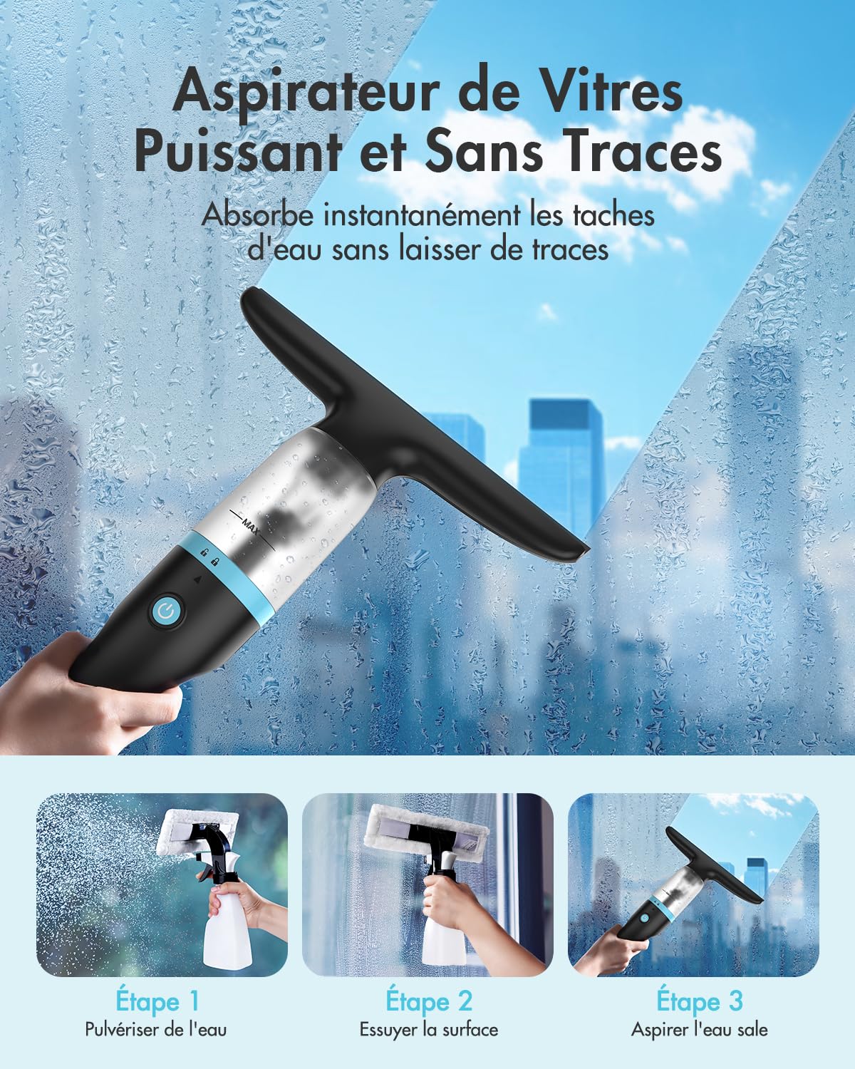 iDOO Nettoyeur de Vitres, Electrique Aspirateur avec Pulvérisateur, Étanchéité IPX4, 360ml, Peut être utilisé jusqu'à 40 minutes, Convient pour Les Fenêtres, Carreaux, Miroirs, Douches et Voitures