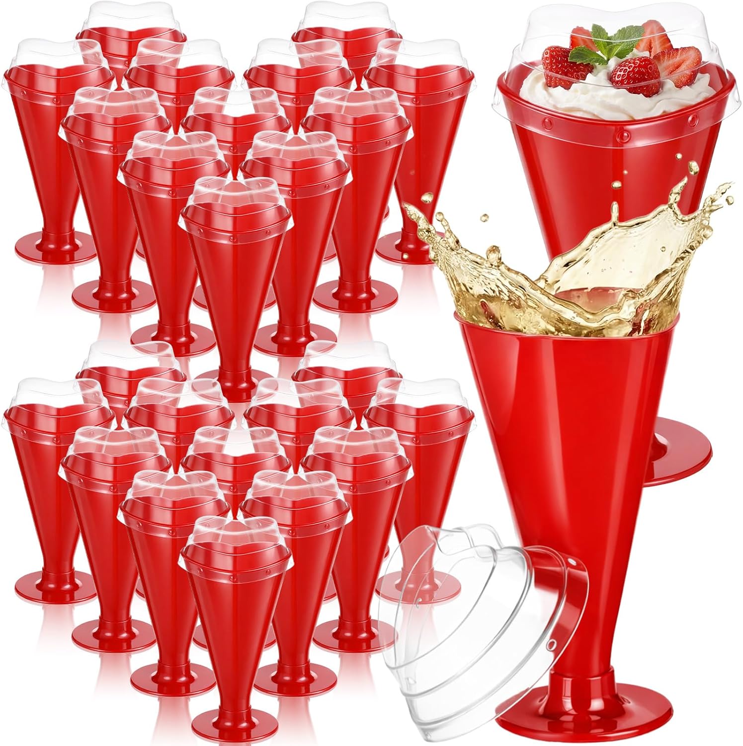 40 Pcs Valentine's Day Cups Heart Shaped Champagne Flutes with Lids 5.6 oz Dessert Cups Plastic Disposable Champagne Glasses for Parties, Bar, Events, Wedding Party Supplies (Red)