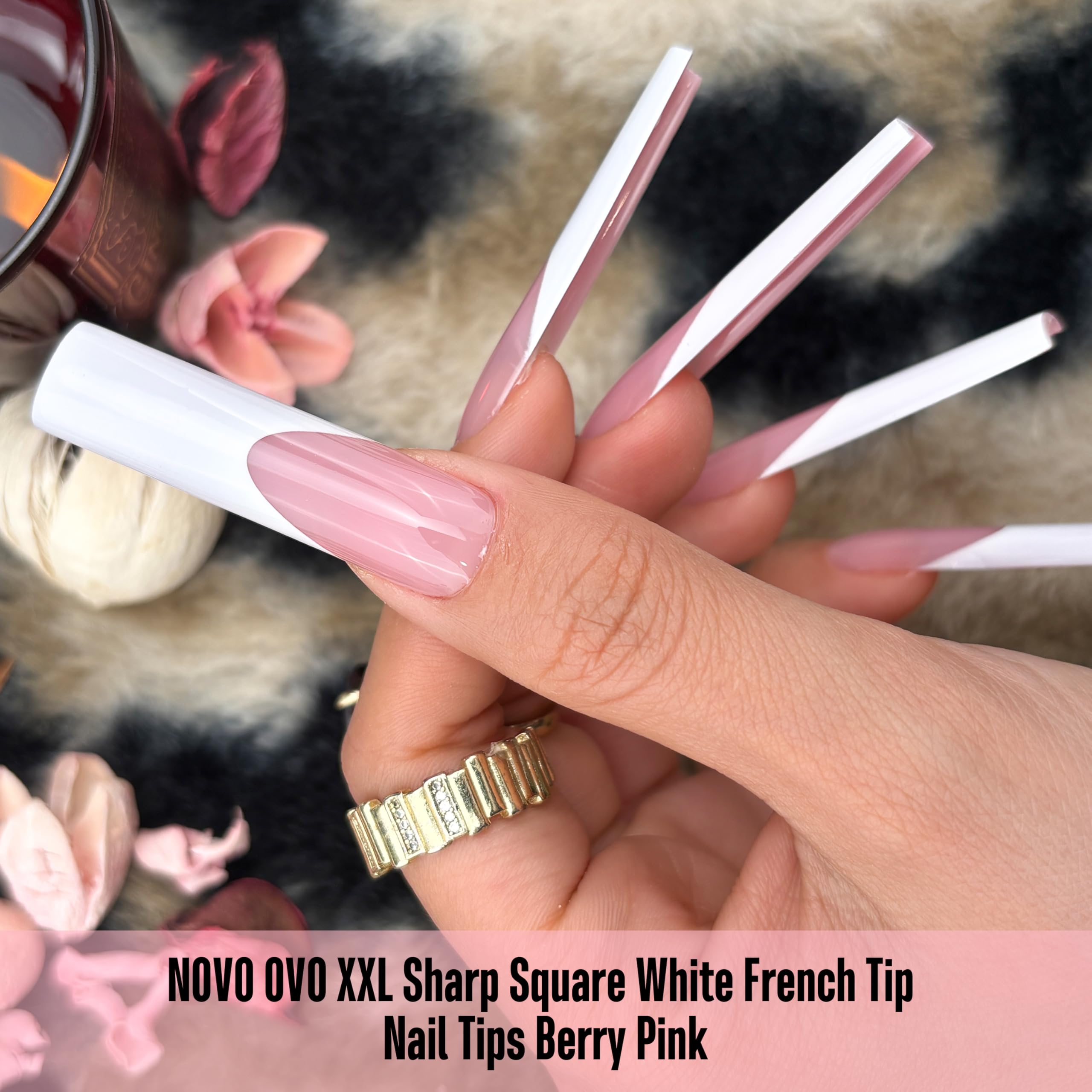 NOVO OVO Press on Nails XXL Square - 150 szt. miękkich żelowych tipsów do paznokci, wstępnie pokolorowane jagody różowe i białe francuskie, bardzo długie, 46 mm, prosty kształt, sztuczne paznokcie