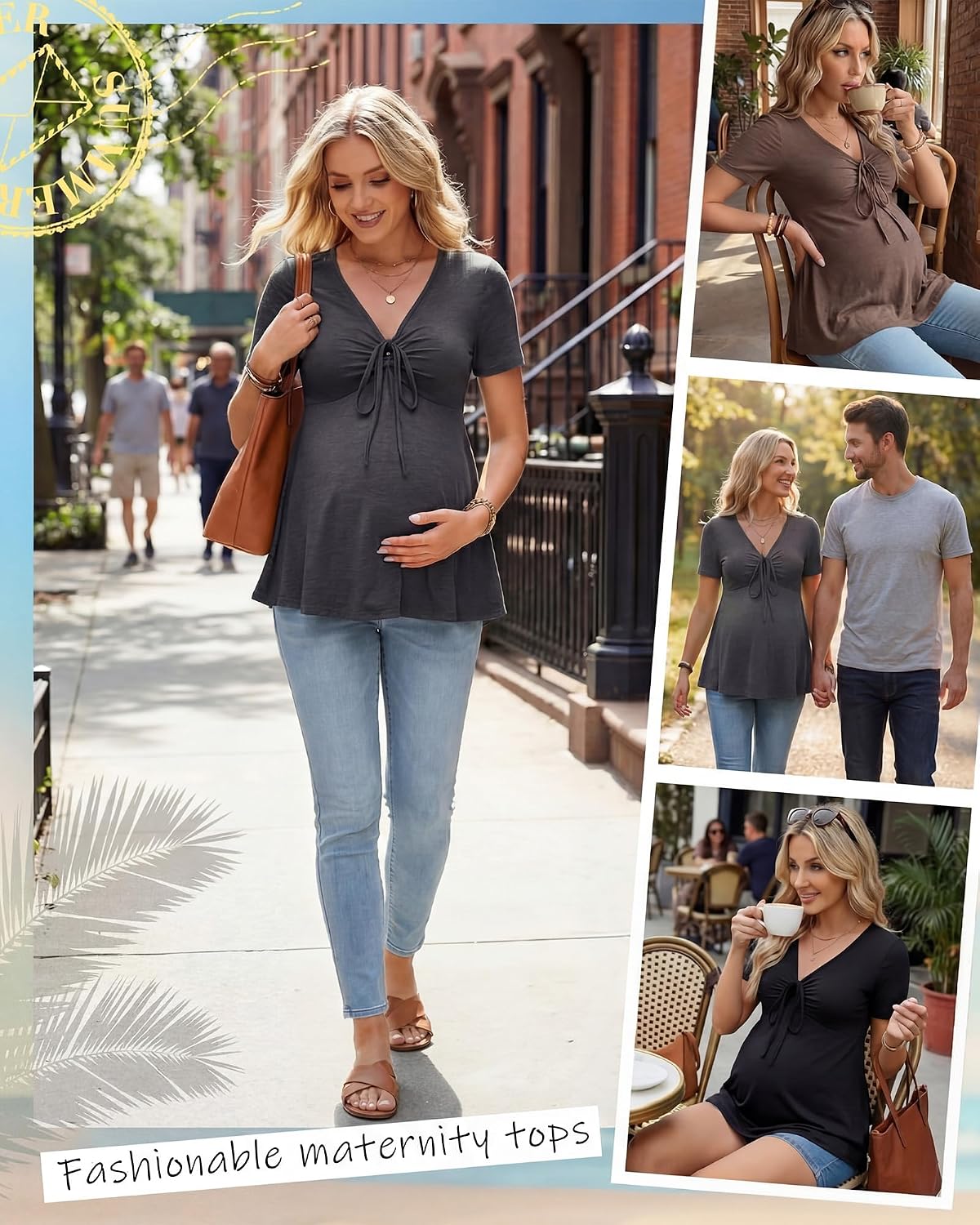 Cutecrop 3 Pack Women Maternity Shirts Short Sleeve V Neck Ruffle Pregnancy Tops Casual Drawstring Babydoll Tie Front Tunic