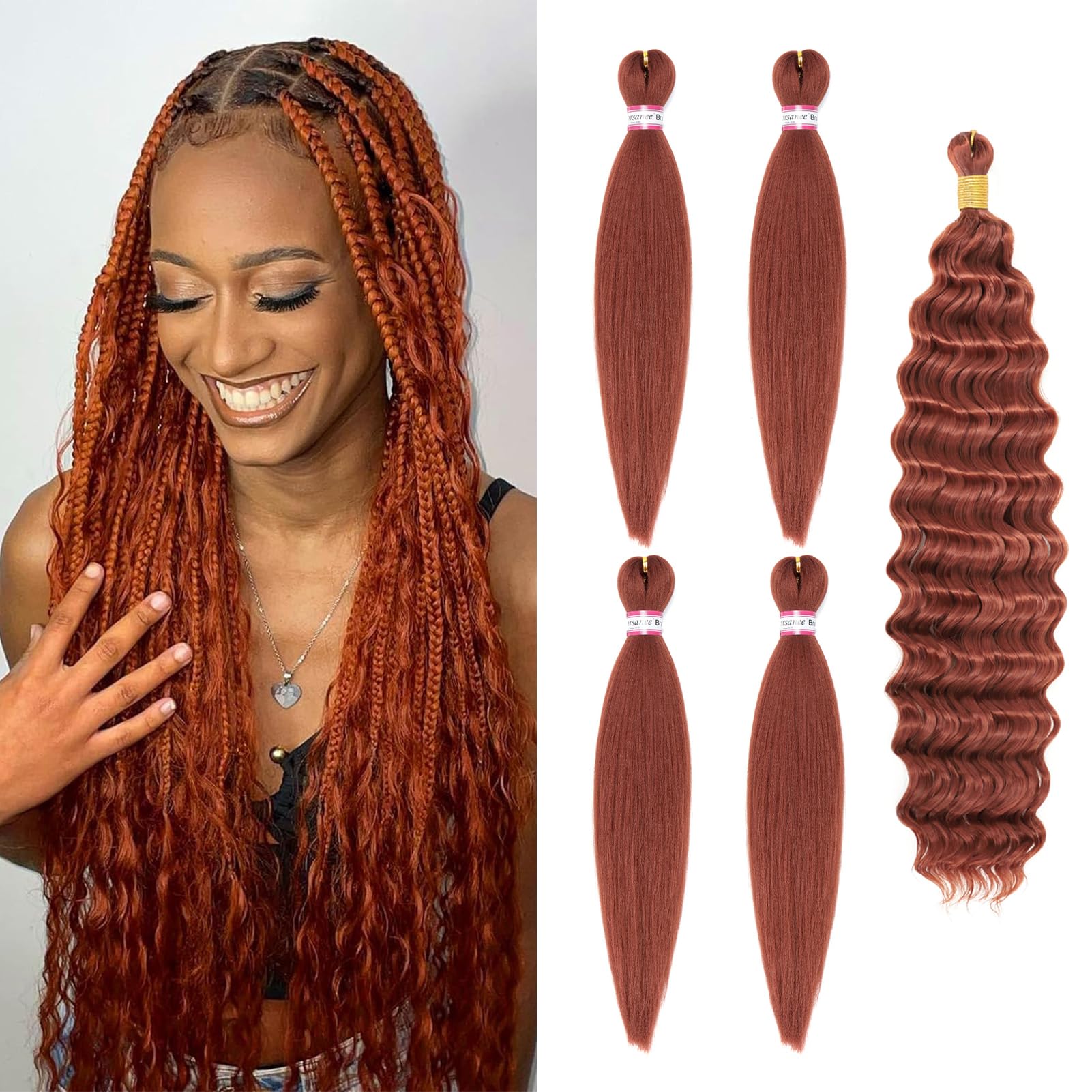Dorsanee Ginger Braiding Hair for Boho Braids 20 Inch 4 Packs Pre Stretched Braiding Hair and 18 Inch 1 Pack Deep Wave Crochet Boho Braids Synthetic