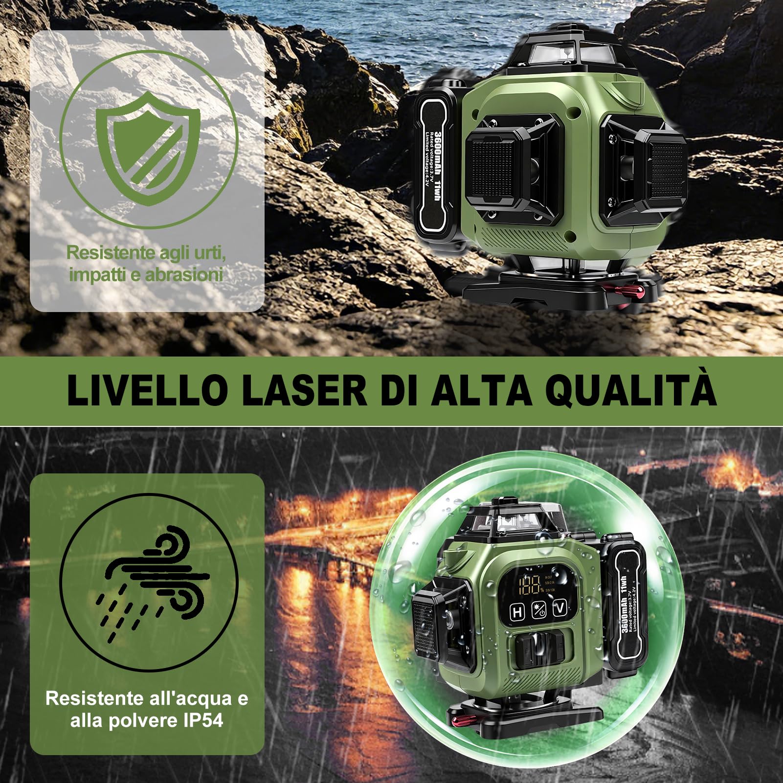 Livella laser a croce con 16 linee,portata di 30 m, autolivellante 4 x 360° con treppiede, ideale per cantieri edili interni, con batterie da 3x3600 mAh.