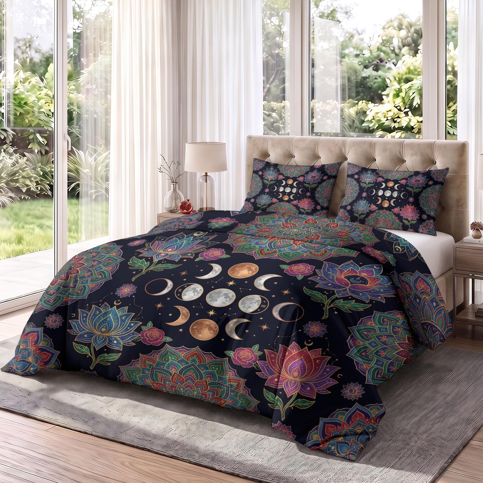 Moon Lotus Mandala - Juego de funda de edredón para cama doble (200 x 200
