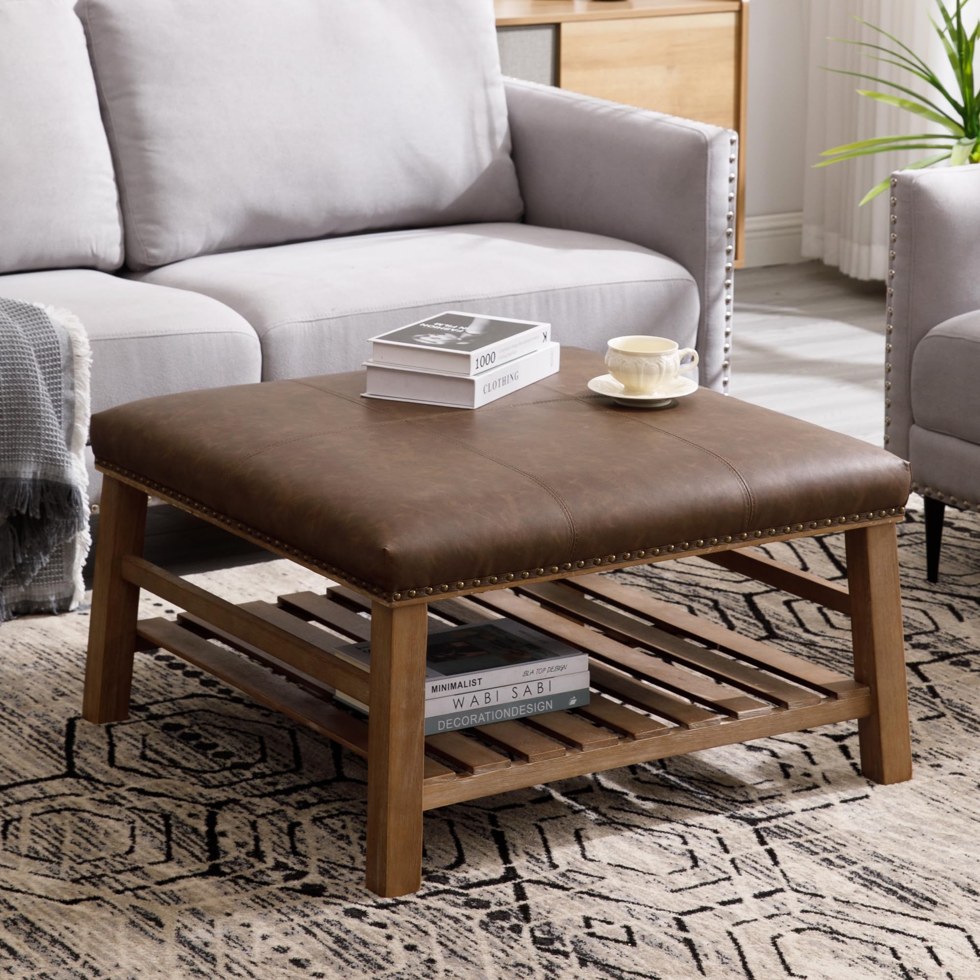 Square Ottoman Coffee Table for Living Room, 32" Farmhouse Upholstered Center Table with Storage Wooden Shelf for Reception Room, Brown Faux Leather Coffee Ottoman Foot Rest