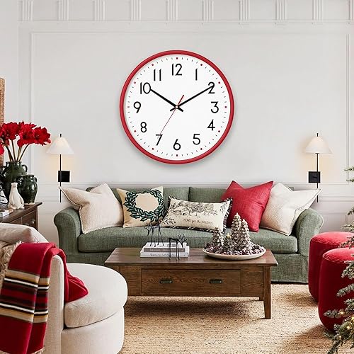 Miniatura 8 de HZDHCLH Reloj de pared rojo, silencioso, funciona con pilas, 8 pulgadas, moderno, analógico, sin tictac, decorativo, para cocina, dormitorio, sala