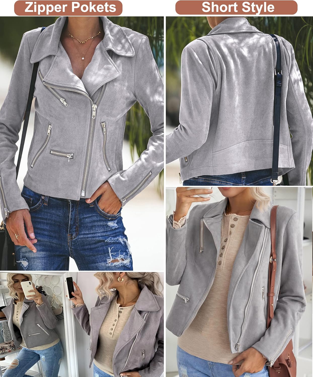 GOSOPIN Women Faux Suede Zipped Motorcycle Jacket Notch Collar Moto Biker Short Coat Casual Zip Party Outwear with Pockets Small Gray