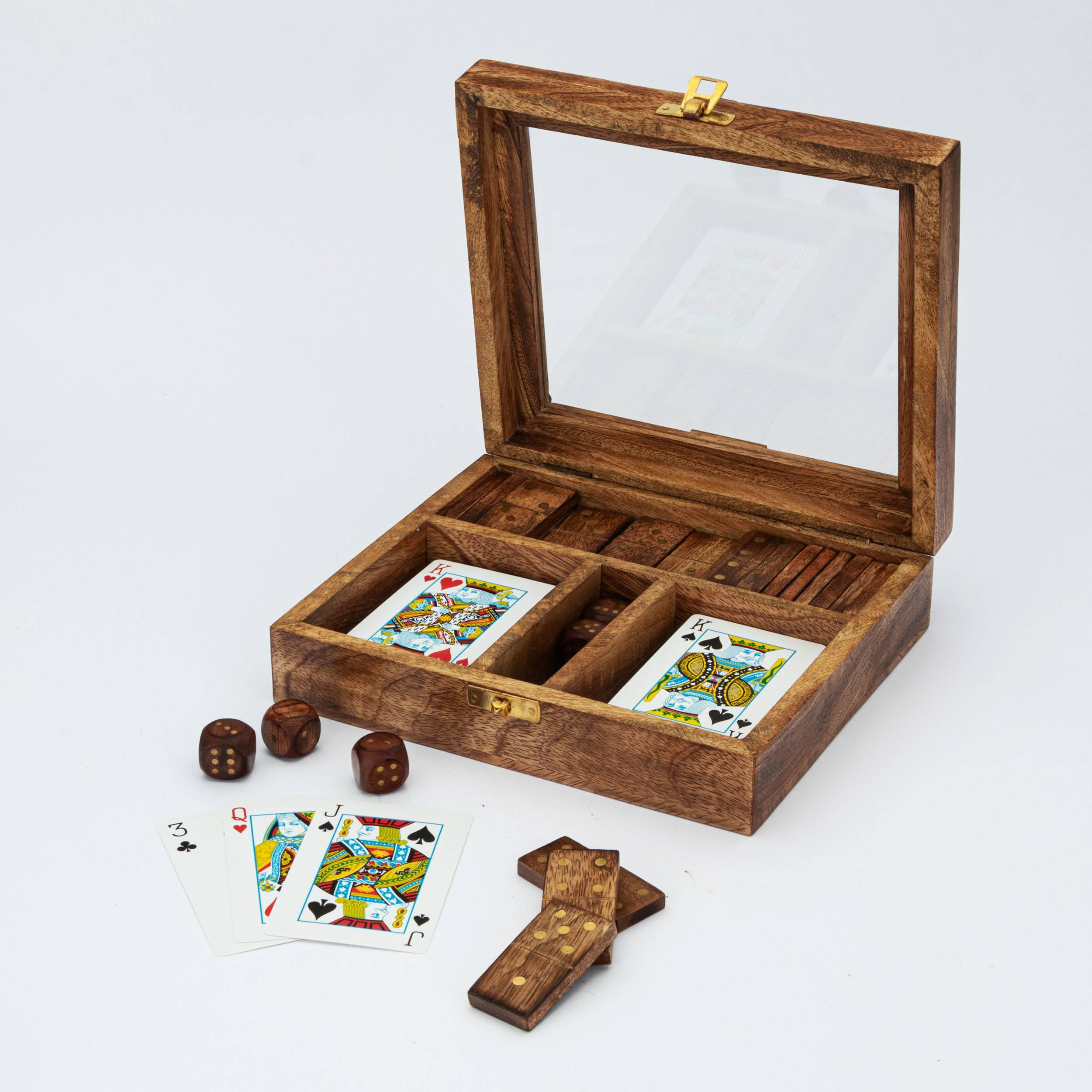 NKlaus Caja de Dominó de madera de mango, cristal y latón, 20 x 17,5 x 6 cm, versátil, estilo náutico 15935