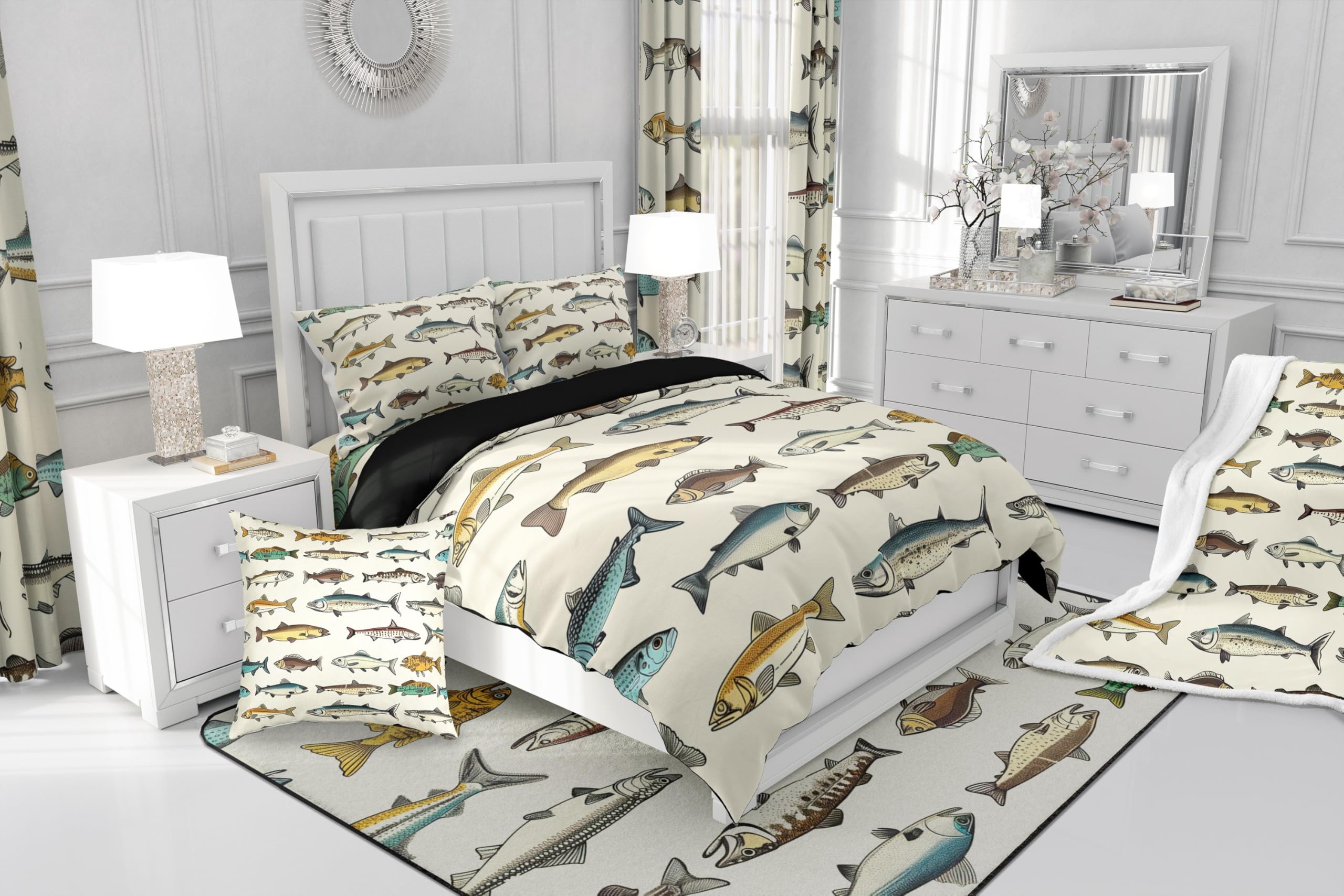 Loussiesd Kinder Fisch 100% Baumwolle Bettwäsche Set 135x200cm Fischen und Jagen Bettwäsche-Set für Jungen Mädchen Vintage Graffiti Betten Atmungsaktiv Zimmer Dekor Bettbezug