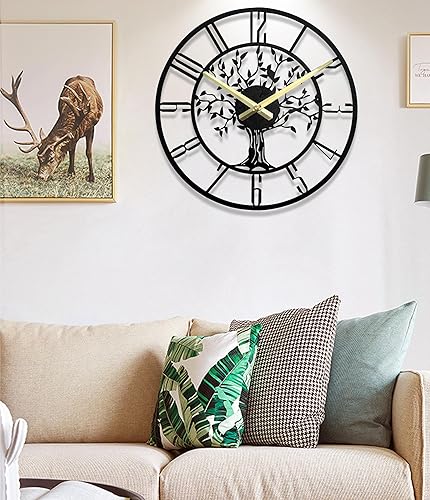 Miniatura 6 de Reloj de pared grande del árbol de la vida, reloj de pared moderno de metal grande para sala de estar, 14 pulgadas, funciona con pilas, reloj