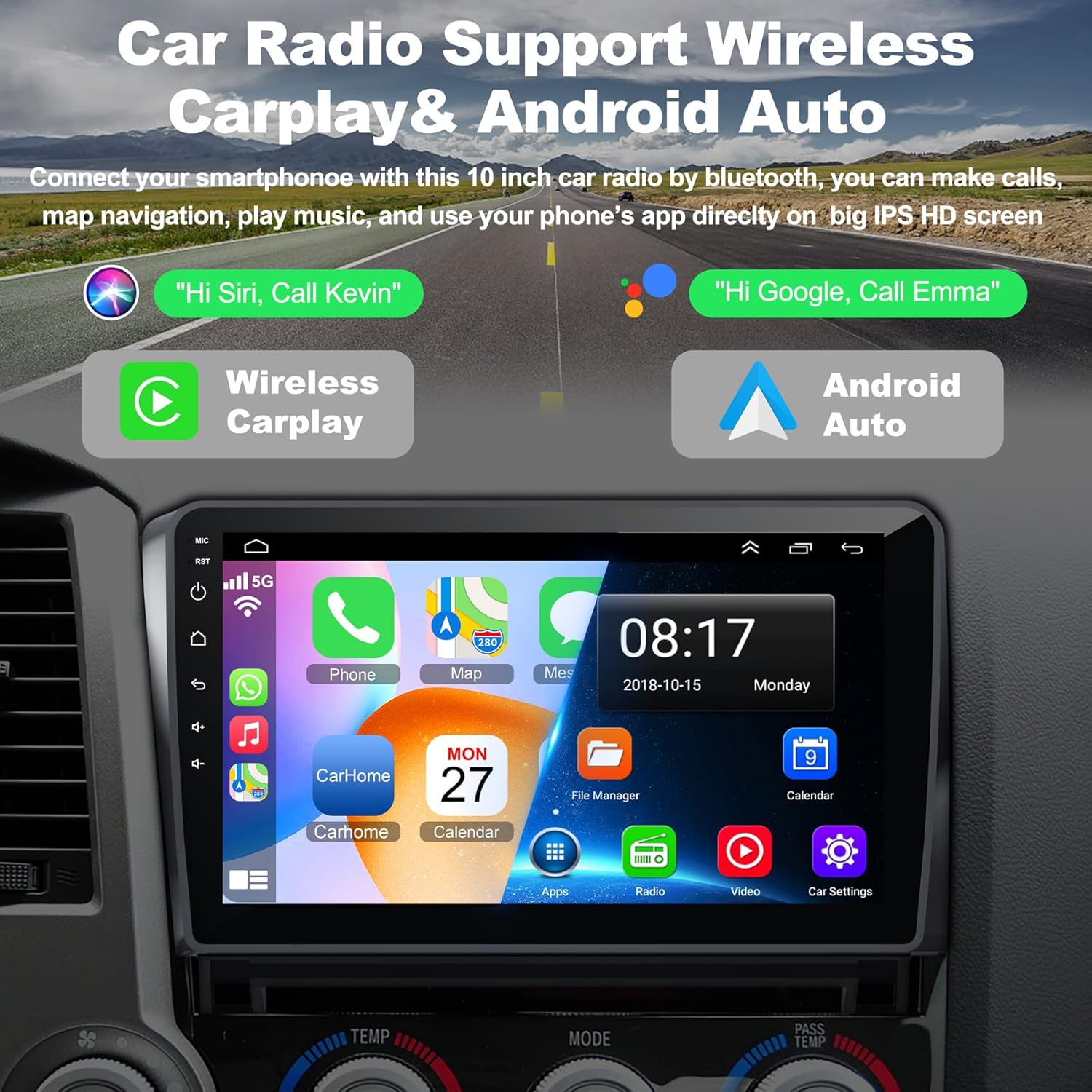 Upgrade Car Radio for Toyota Tundra 2007-2013 Sequoia 2008-2012,10.1" IPS Touch Screen 4+64GB Tundra Stereo with Wireless CarPlay & Android Auto GPS WiFi Voice Control Bluetooth 5.2 Mirror Link SWC FM