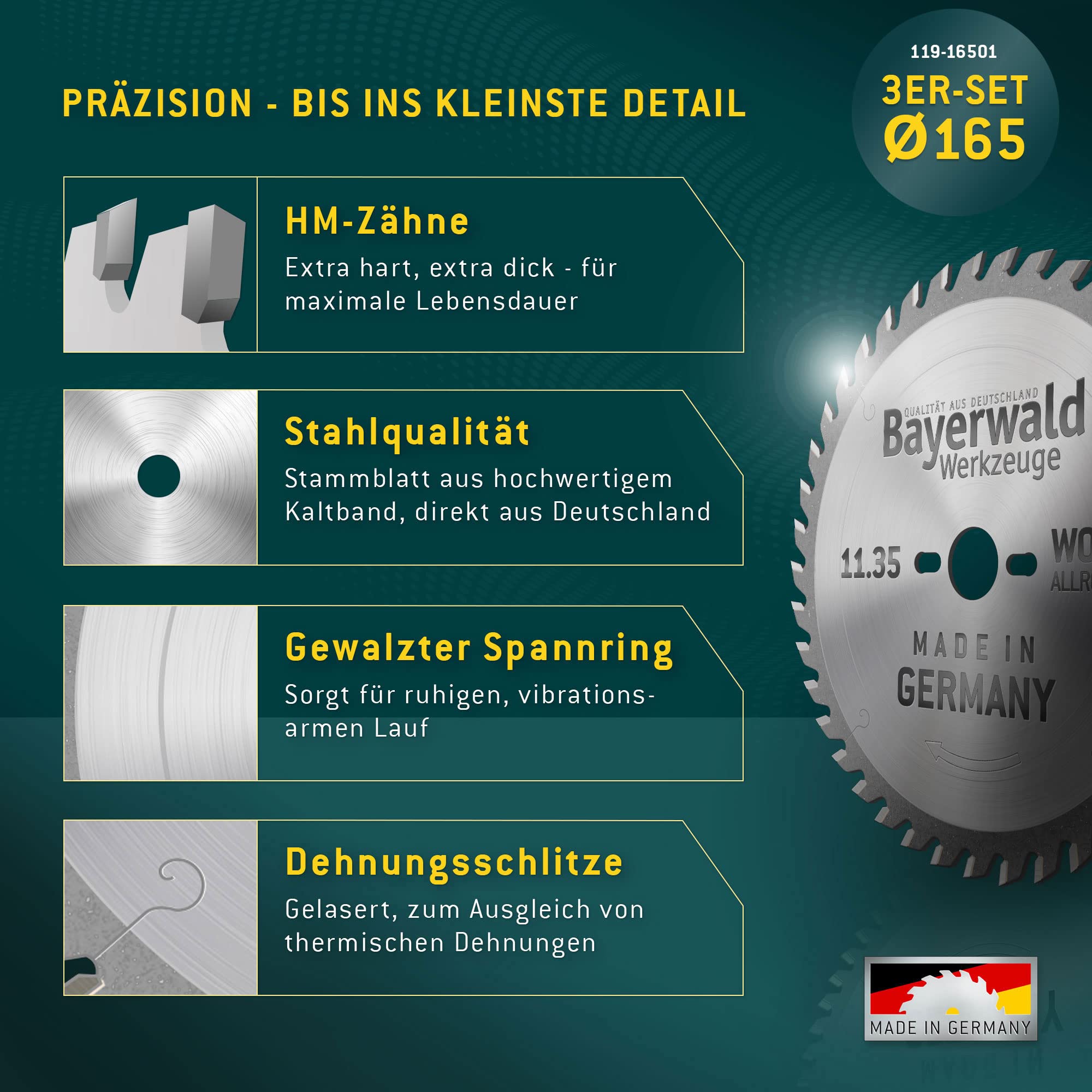 Juego de hojas de sierra circular WOOD ALLROUND Bayerwald Ø 165 (3 piezas) - Para cortar madera, tablones de madera, tiras perfiladas, etc. Adecuado para sierras circulares manuales con Bosch GKS 165