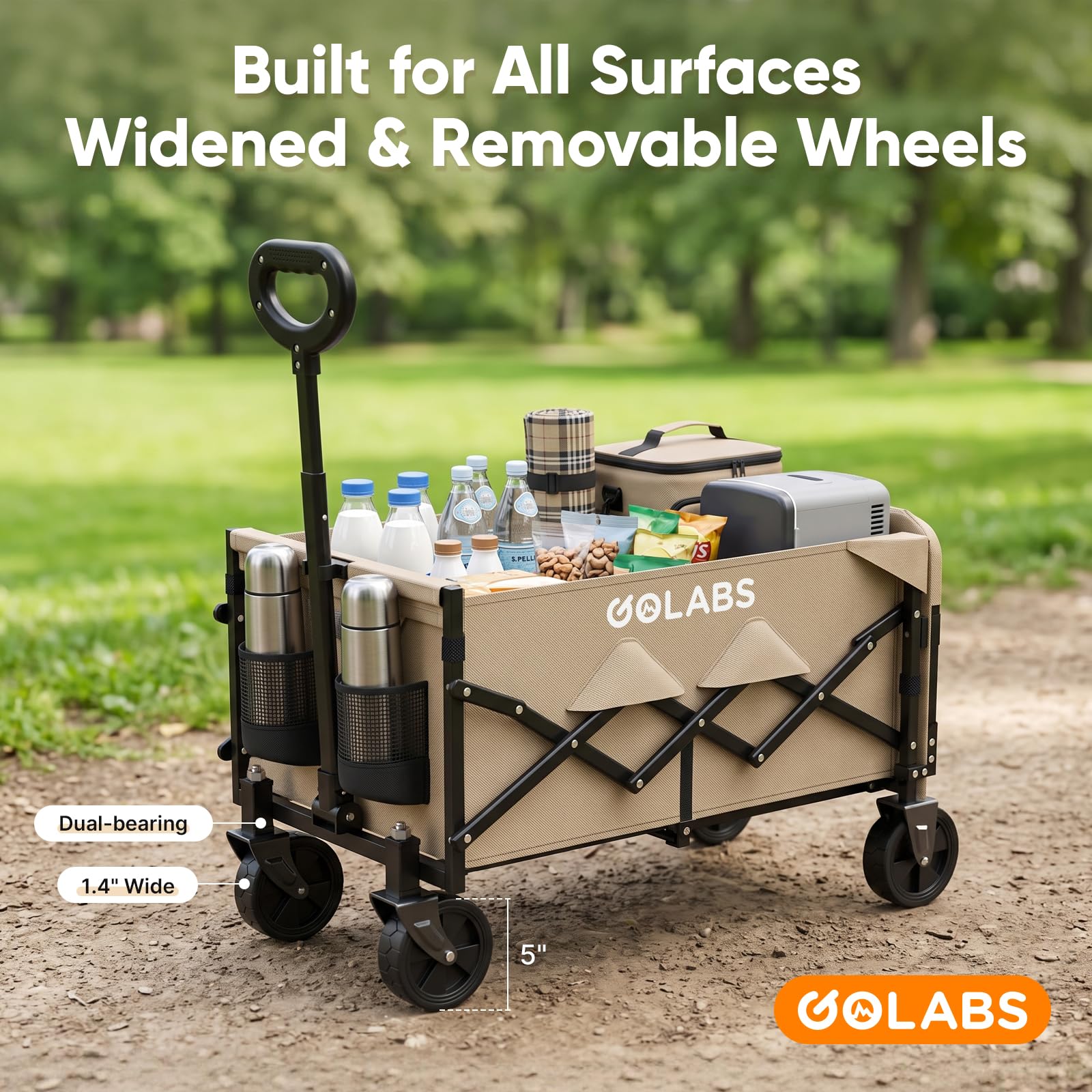 Golabs Carrello pieghevole per carro carico massimo 158,8 kg ed espandibile, 100 l, design a doppio cuscinetto per sterzo flessibile, carrello da giardino pieghevole resistente con 2 portabicchieri