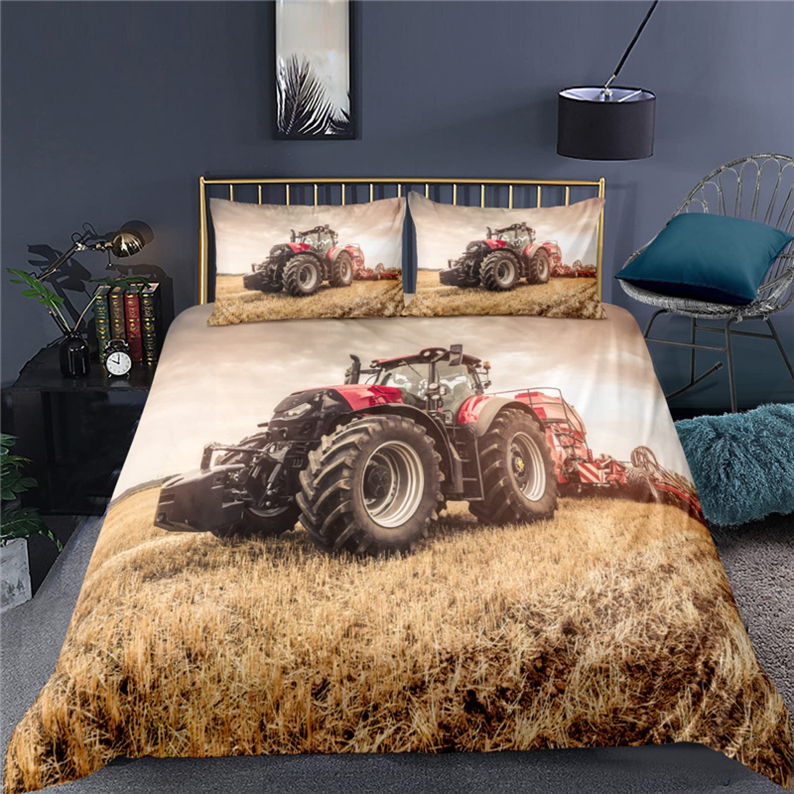 Housse de couette 90x190 tracteur jaune pour une chambre d'enfant passionné d'engins de chantier